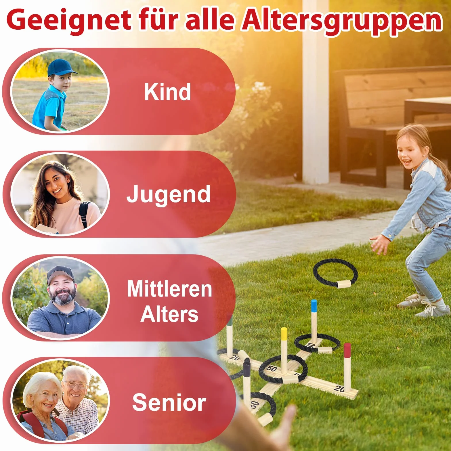 Jeu de lancer d'anneaux en bois avec 5 anneaux en nylon et 5 barres colorées