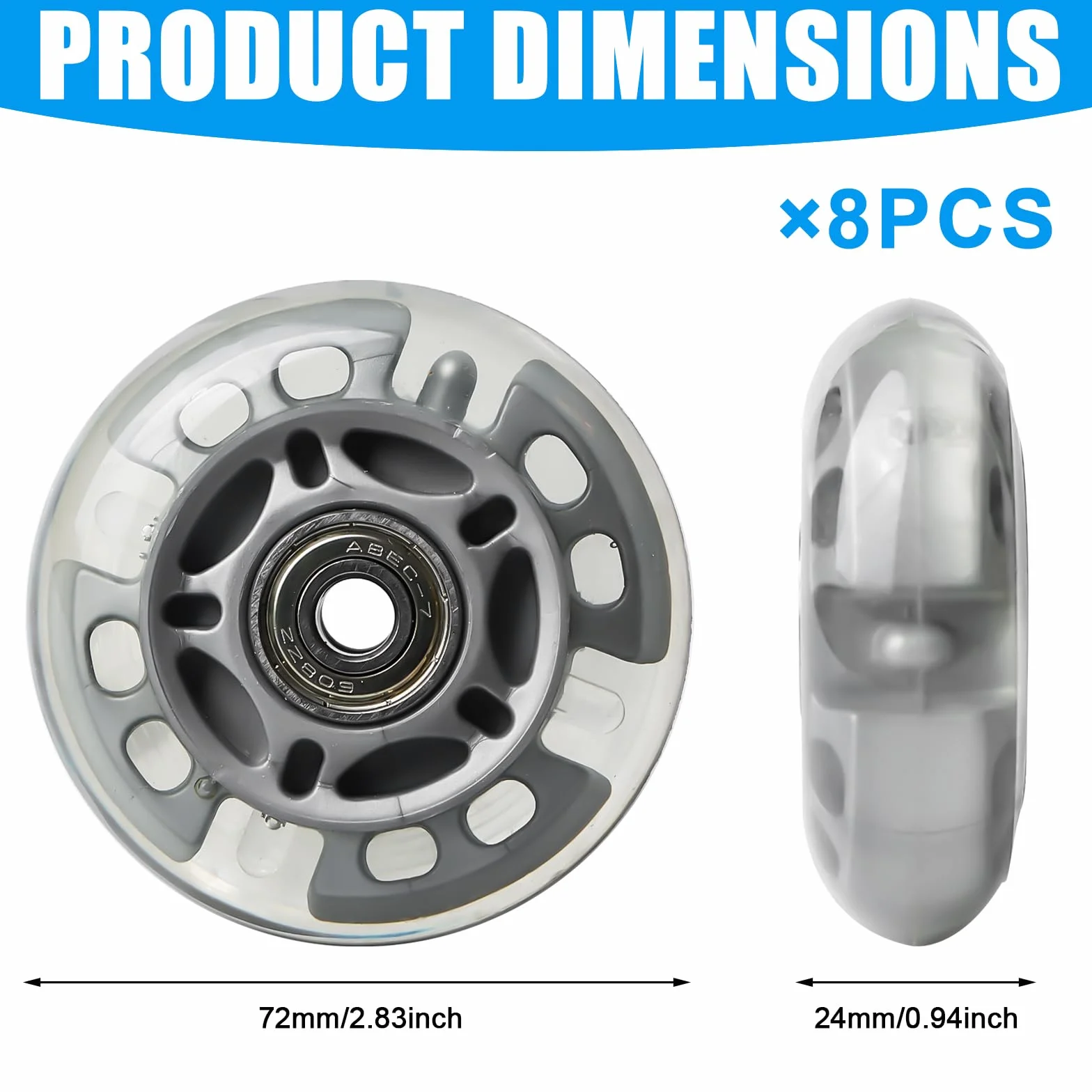 Roues de roller en ligne 72 mm avec roulements à billes argent transparent