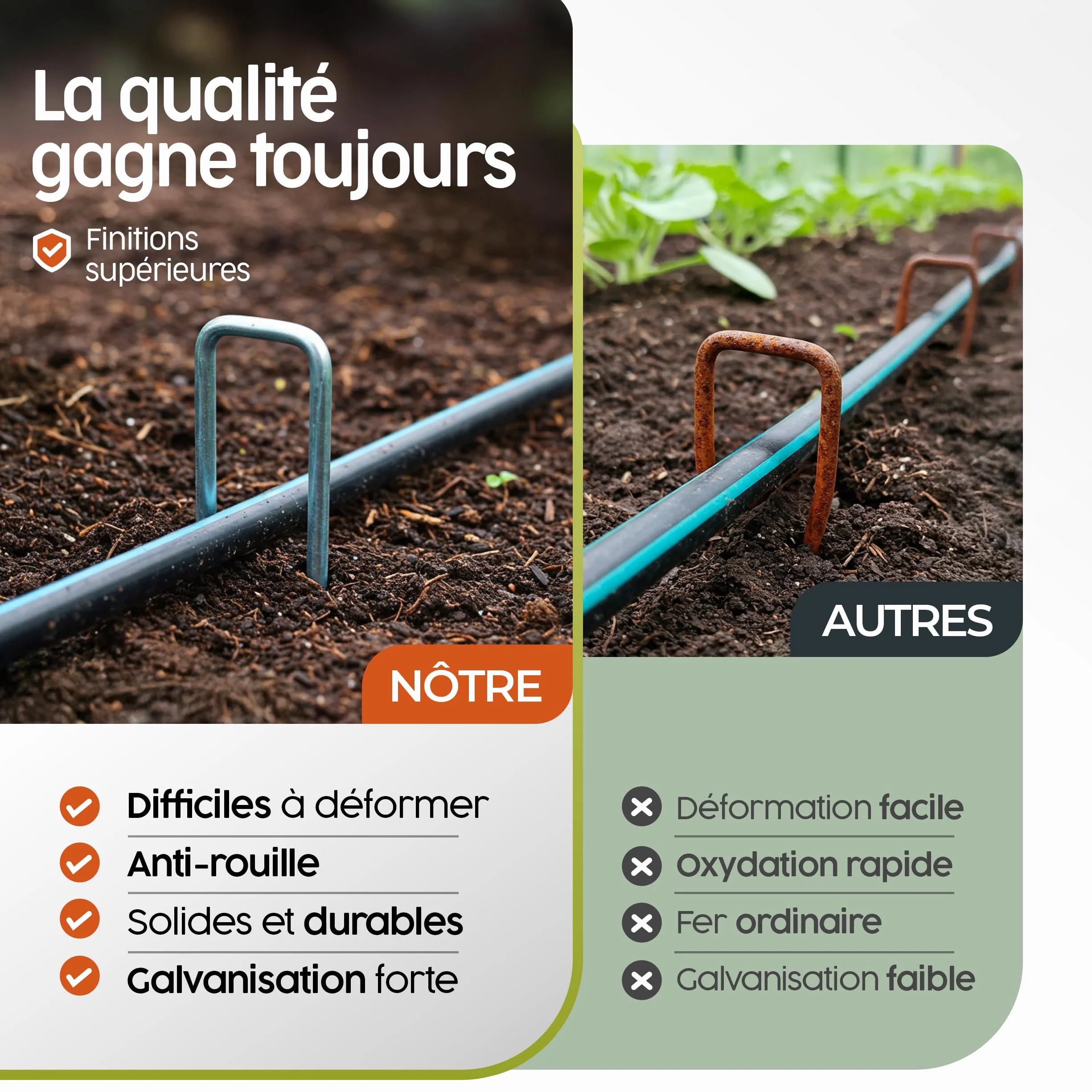 PORTENTUM Agrafes de Jardin 50 pcs + 8 Rondelles – Sardines de Fixation pour Sol Dur