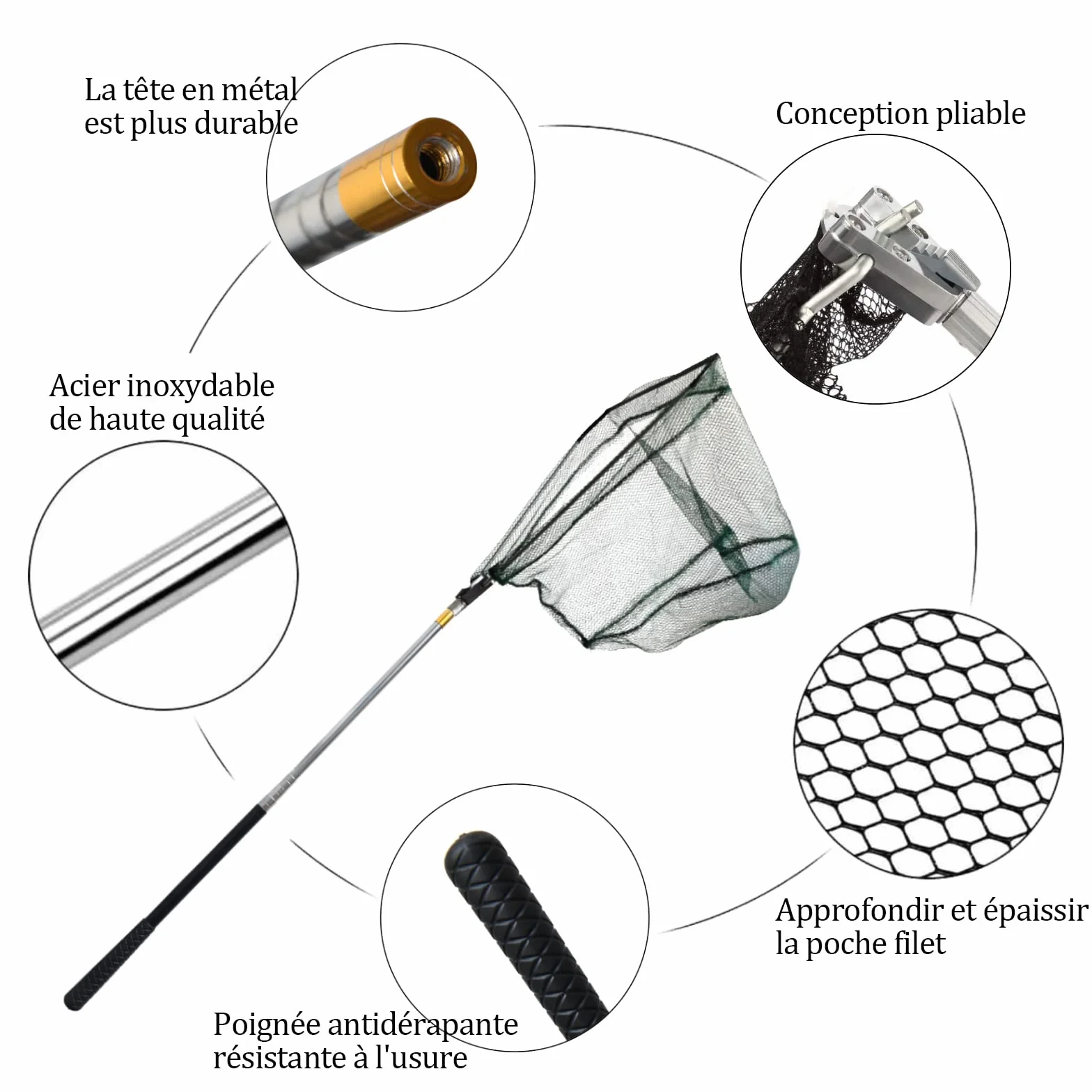 Épuisette de Pêche Pliable 190cm Manche Téléscopique Alliage d'Aluminium 4 Sections Filet Nylon Triangulaire 37-68 Pouces pour Carpe Truite