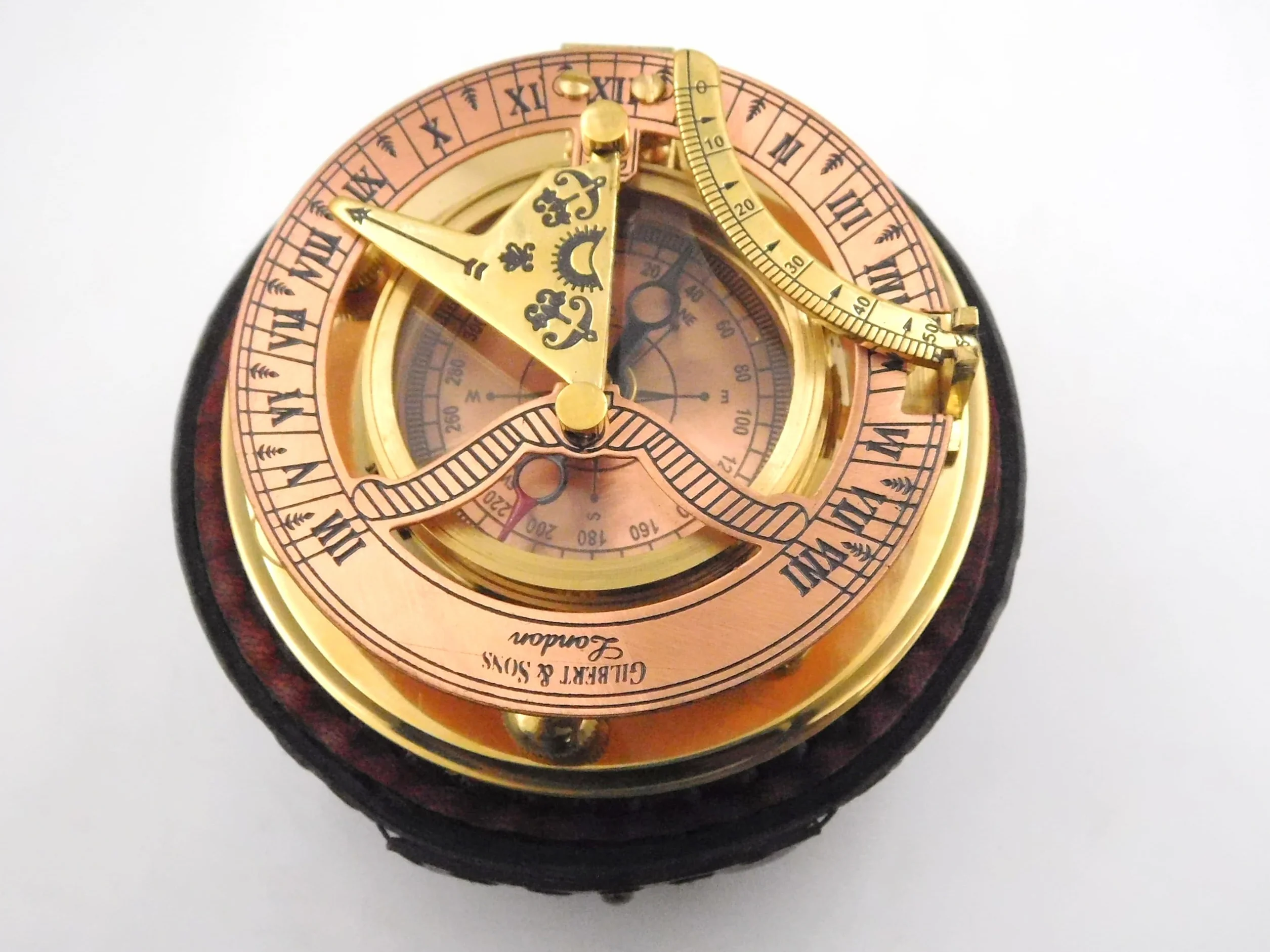 Boussole Sundial en laiton antique avec étui en cuir
