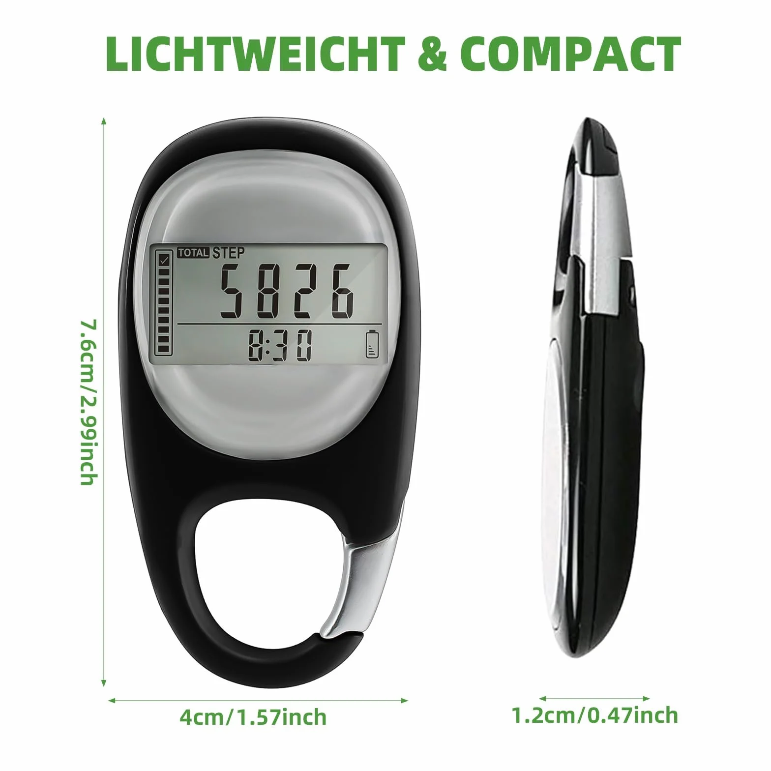 Montre Podomètre 3D Précision Compteur de Pas avec Mousqueton Enregistre Pas Distance Calories Suivi Activité Fitness Enfants Seniors