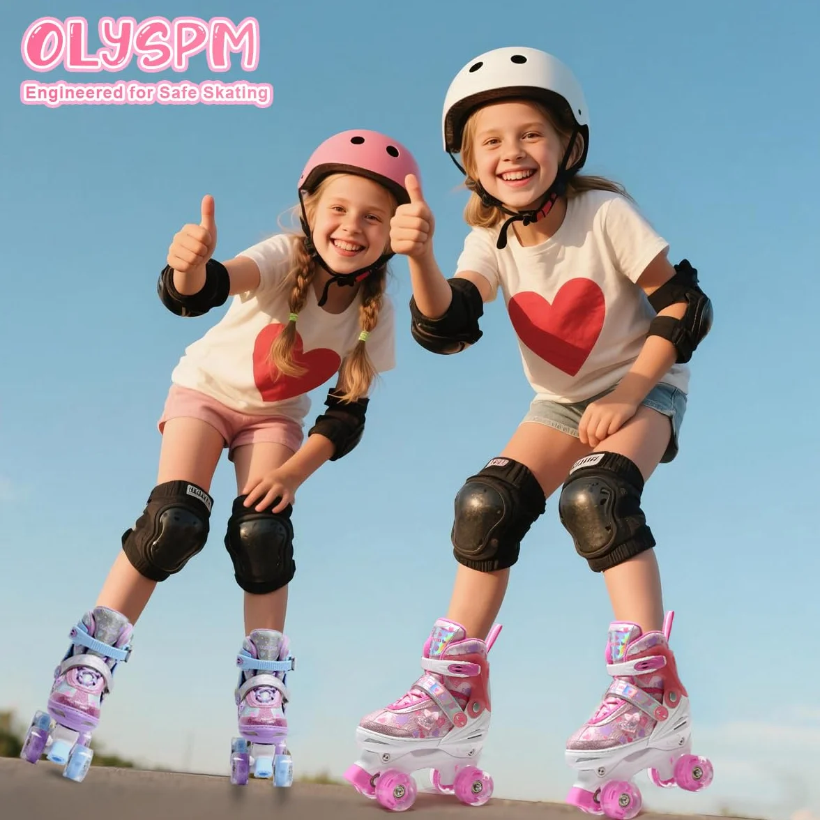 Patin à Roulettes Fille avec 8 Roues Lumineuses, 4 Tailles Réglables, Motif Cœurs