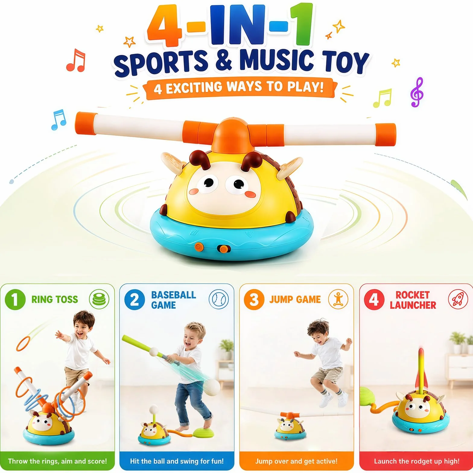 4 en 1 Jeux Extérieur Enfant Fusée, Corde à Sauter, Lancer d'Anneaux, Base-Ball, Jouet Extérieur avec Télécommande Cadeaux Garçons Filles 3-10 Ans