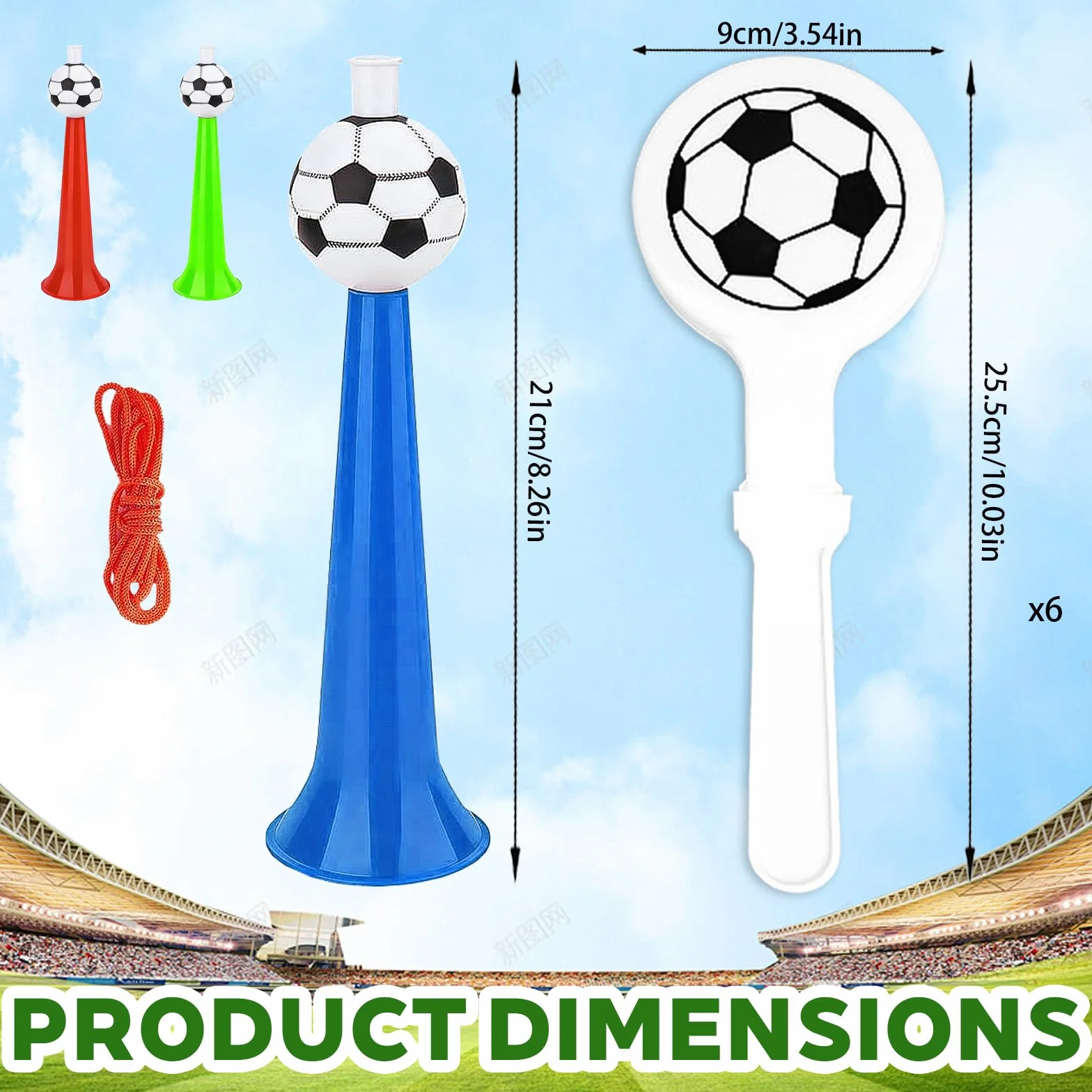 Lot de 3 Vuvuzela Football Tröte avec 6 Claque à Main pour Événements Sportifs