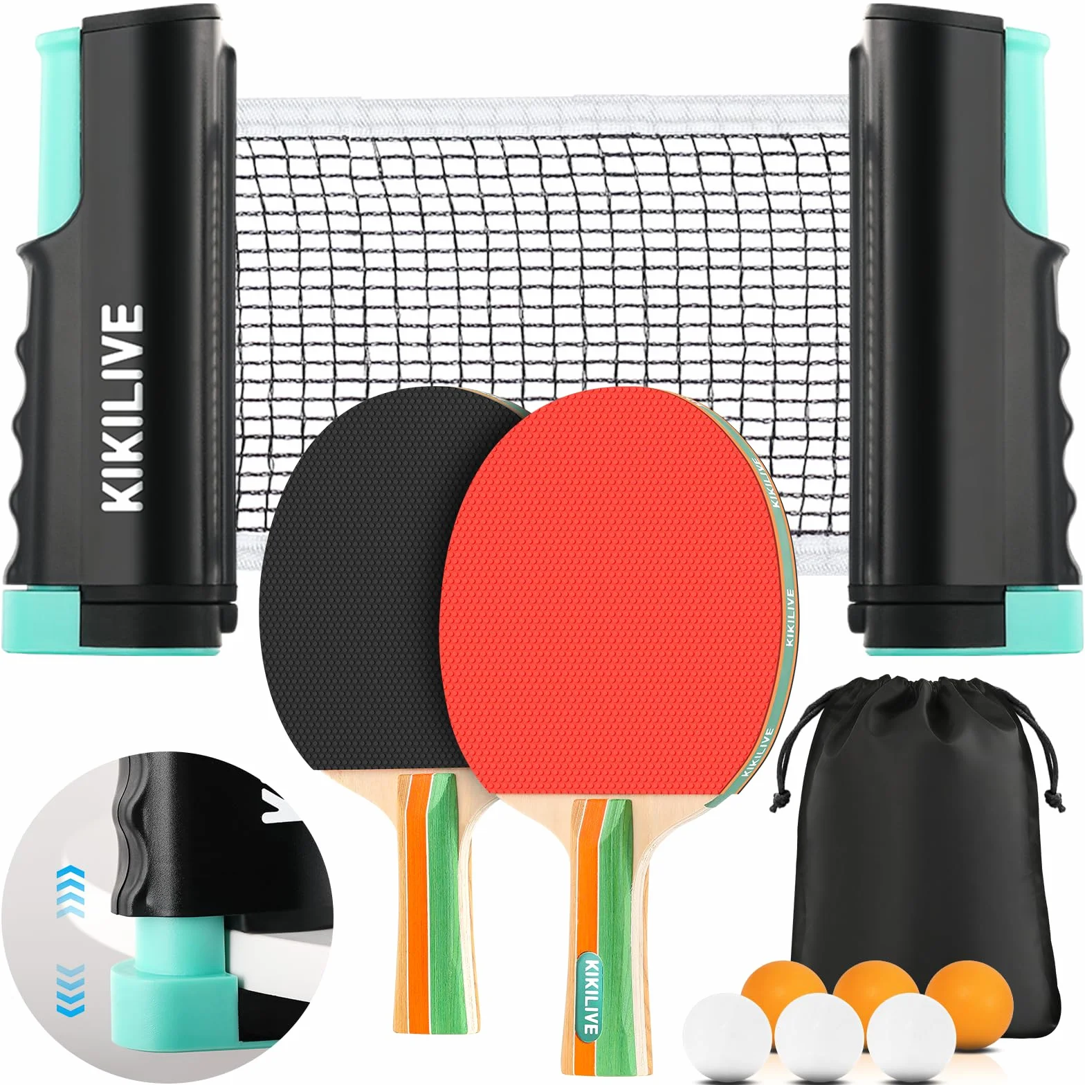 Set de Tennis de Table Portable avec Filet Extensible, 2 Raquettes, 6 Balles et Sac de Transport