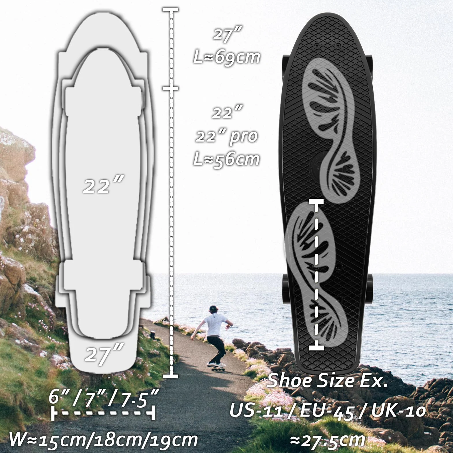 Skateboard Mini Cruiser Classique 22" 27" Roulements Lisses Roues PU 60mm Trucks Alliage Alu