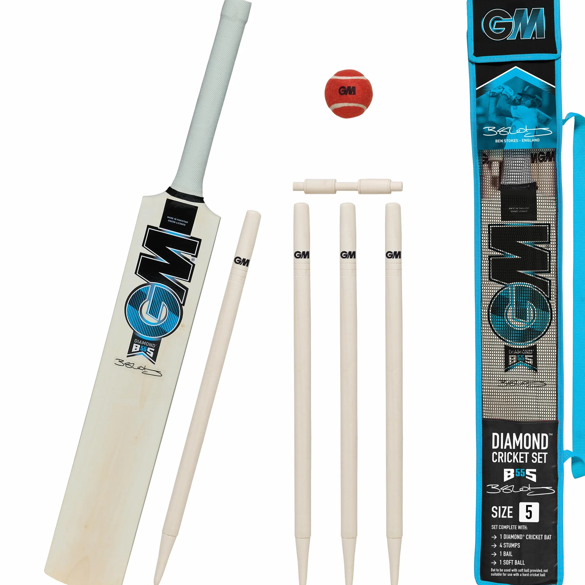 Ensemble de Cricket en Bois Ben Stokes Diamond Taille 5 avec Batte, Balle, Souches et Sac