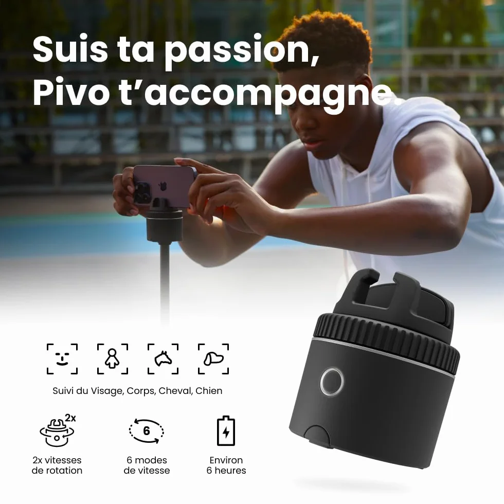 Pivo Équestre Pod Support de Téléphone Intelligent, Suivi Automatique des Chevaux, 6 Vitesses, Rotation 360°, Télécommande (Noir)