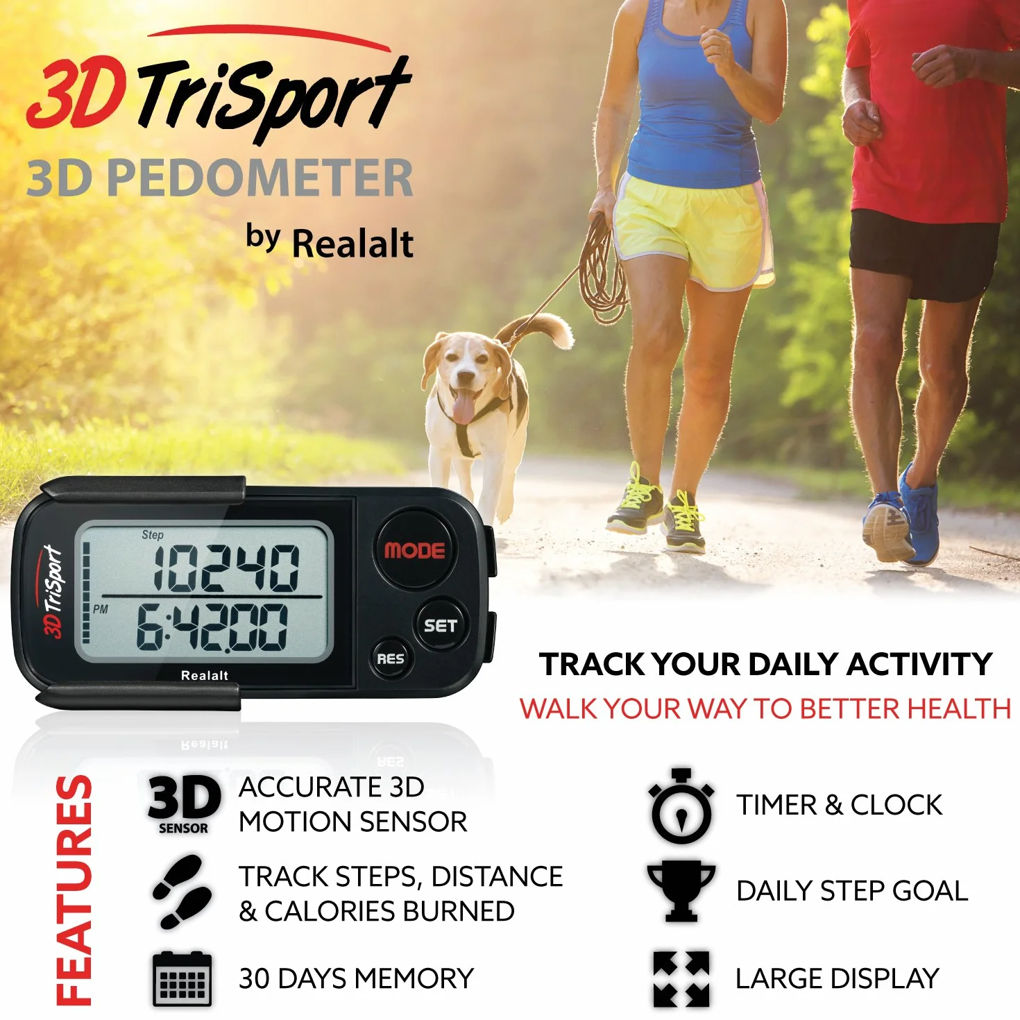 Realalt 3DTriSport Podomètre avec Clip, Mémoire 30 Jours, Compteur de Pas Précis, Distance Miles/km, Calories, Suivi Temps Exercice