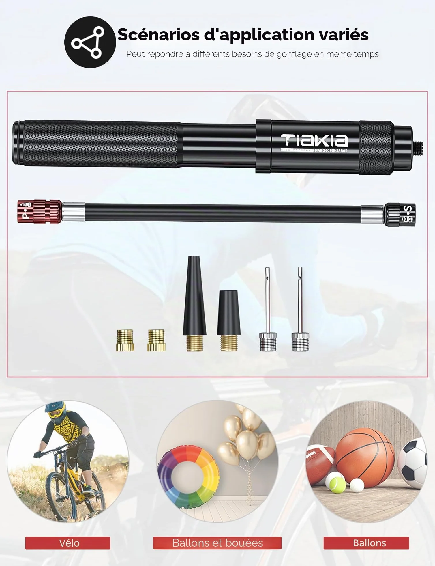 Tiakia Pompe à Vélo Haute Pression 260PSI Compacte Légère avec Support Valve Presta Schrader Dunlop