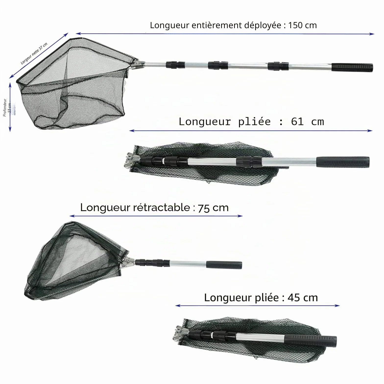 Épuisette de Pêche Pliable 190cm Manche Téléscopique Alliage Aluminium 4 Sections Filet Nylon Triangulaire Extensible 37-68 Pouces Carpe Truite