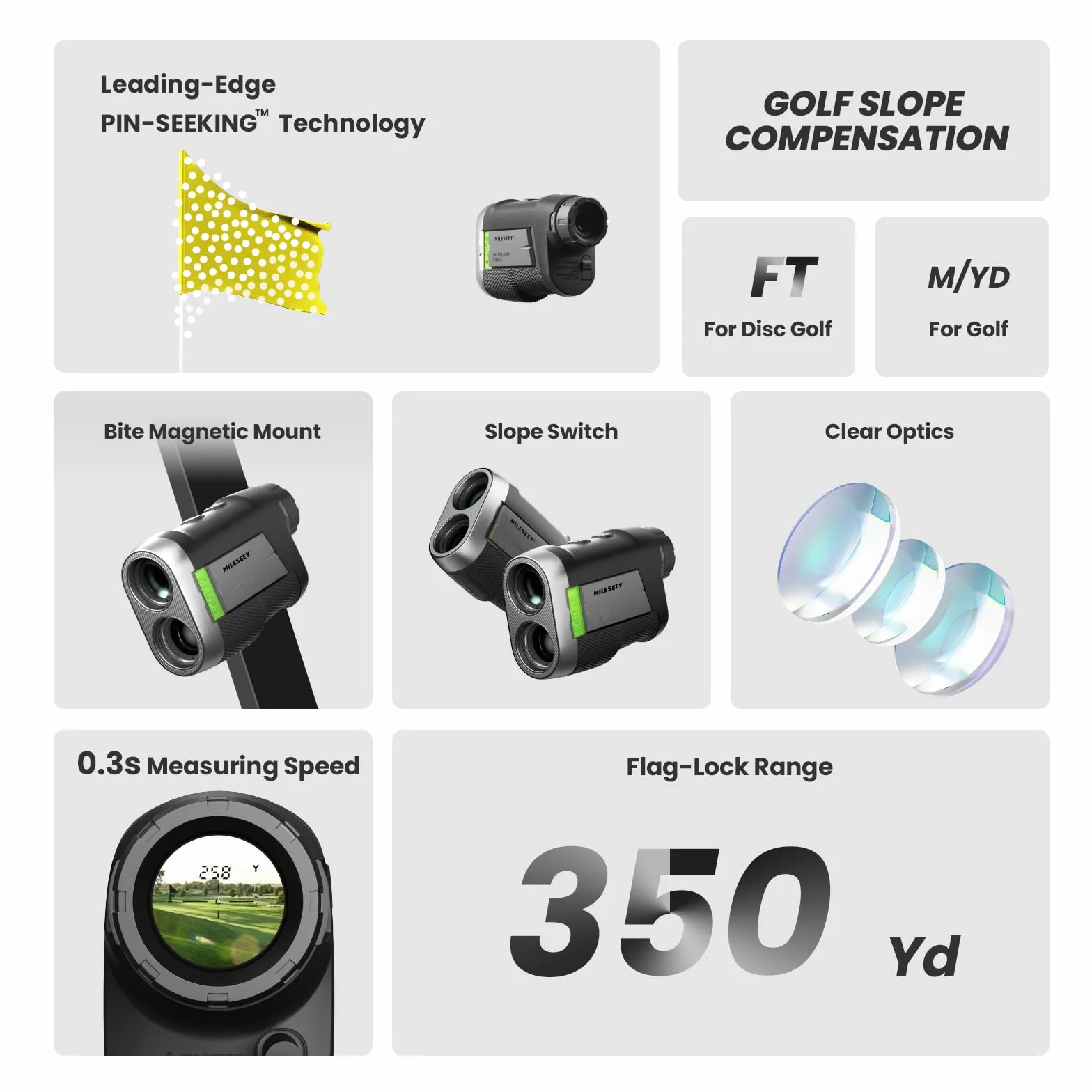 MiLESEEY Telemetre de Golf Rechargeable 1000M Flag Lock Vibration Interrupteur Slope on/Off Précision ±0,5M