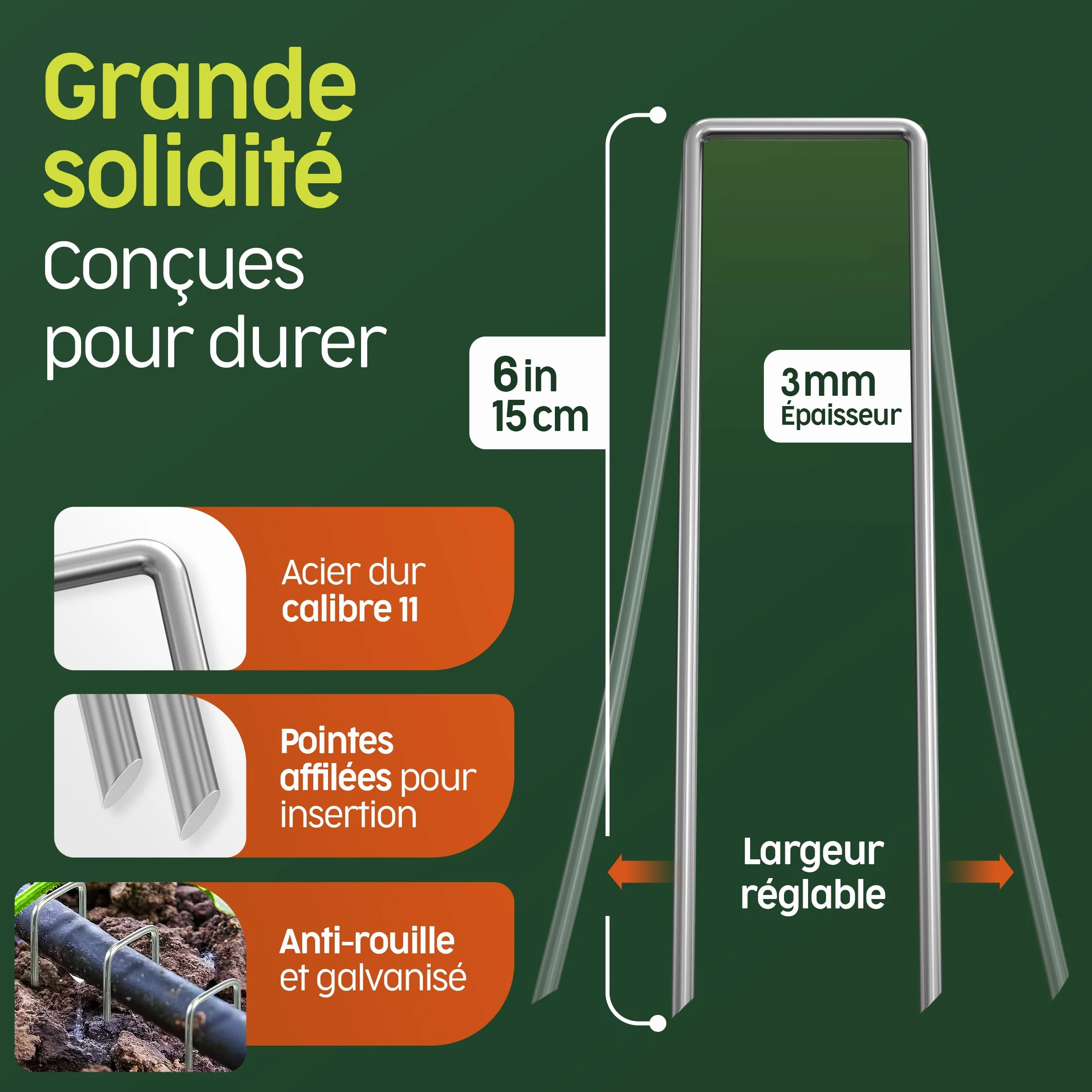 PORTENTUM Agrafes de Jardin 50 pcs + 8 Rondelles – Sardines de Fixation pour Sol Dur