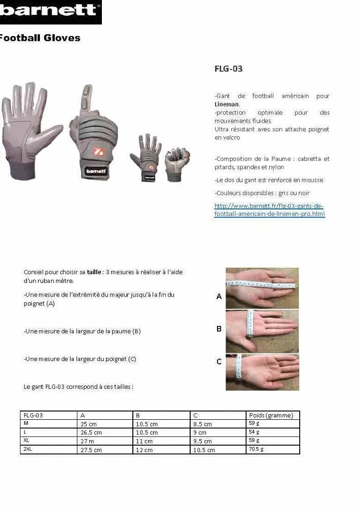 BARNETT FLG-03 Gants de Football américain Linemen Pro Noir