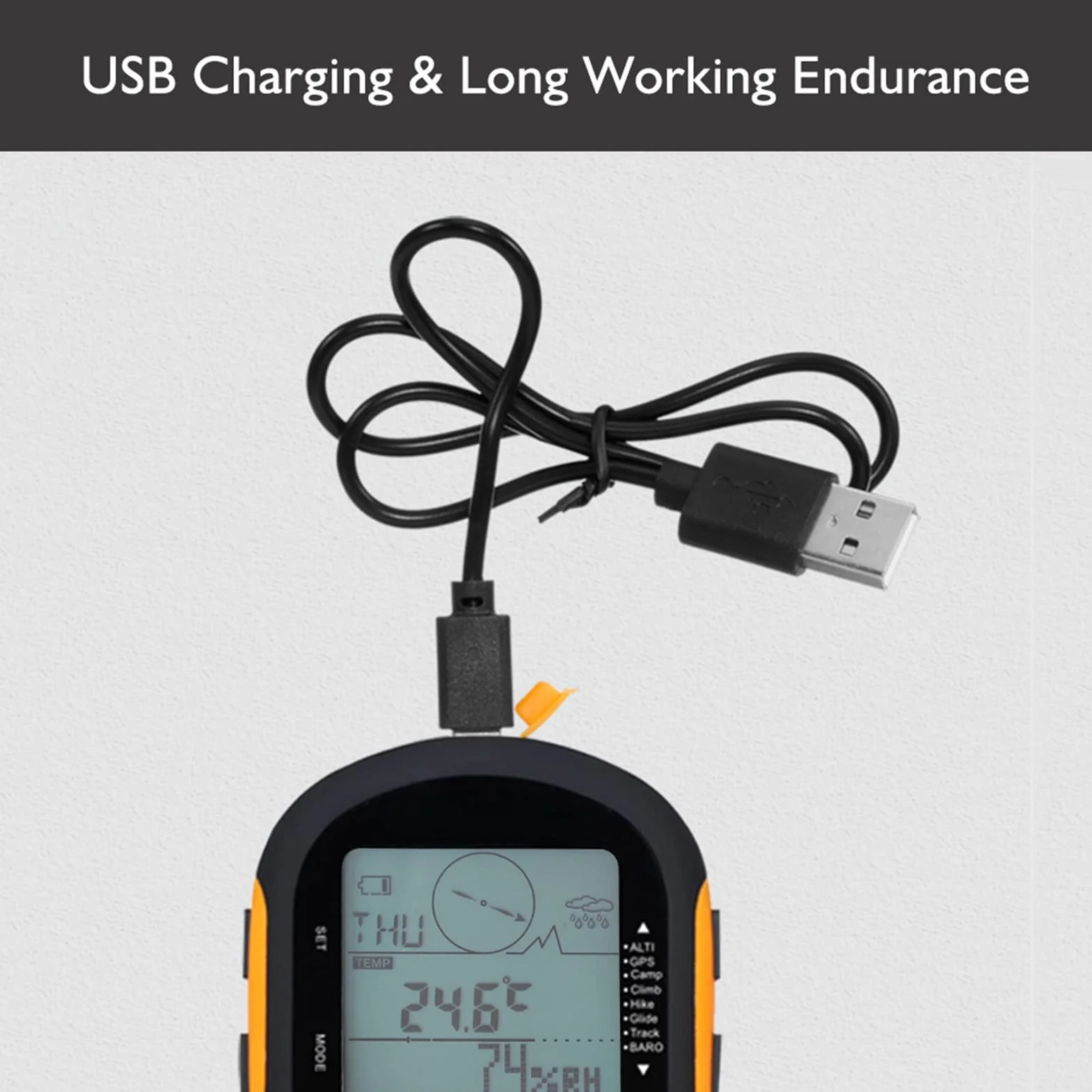 Récepteur de Navigation GPS Portatif Rechargeable USB avec Altimètre Numérique, Baromètre, Thermomètre, Hygromètre et Torche