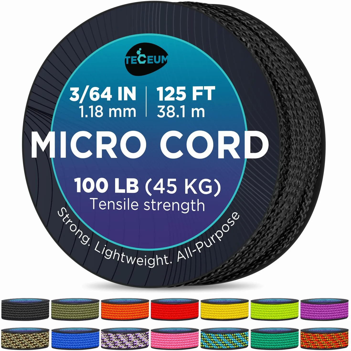 TECEUM Micro Paracord Noir 1.18 mm x 38.1 m Corde Utilitaire Tressée Nylon Polyester Fil Survie Solide