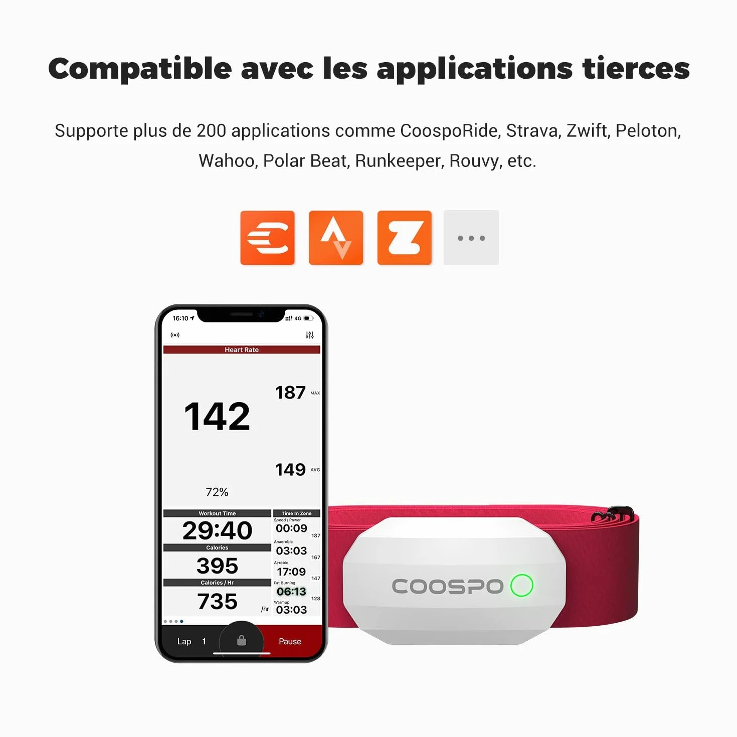 COOSPO H808S Capteur de Fréquence Cardiaque Bluetooth 5.0 Ant+ IP67 Étanche ECG/EKG