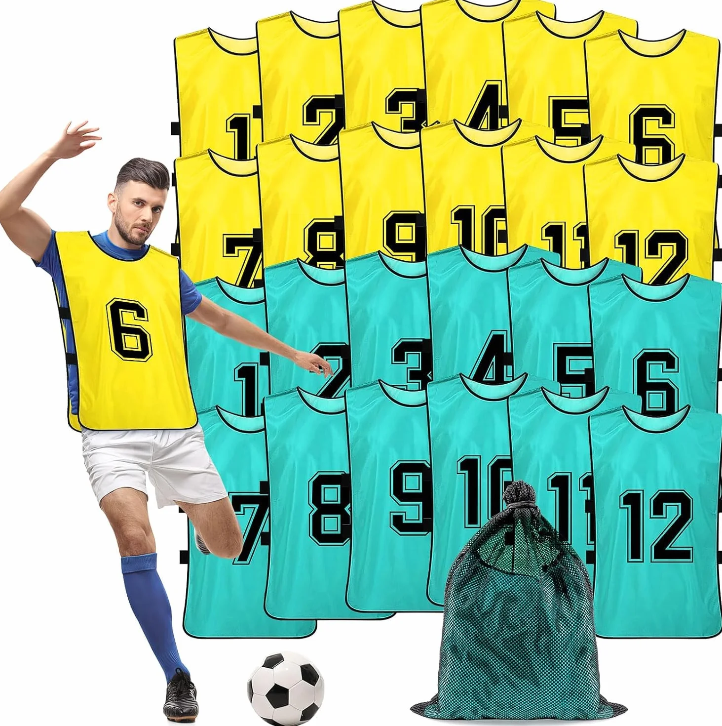 Lot de 24 gilets d'entraînement de football pour jeunes adultes, Jaune, Vert, 47x70cm