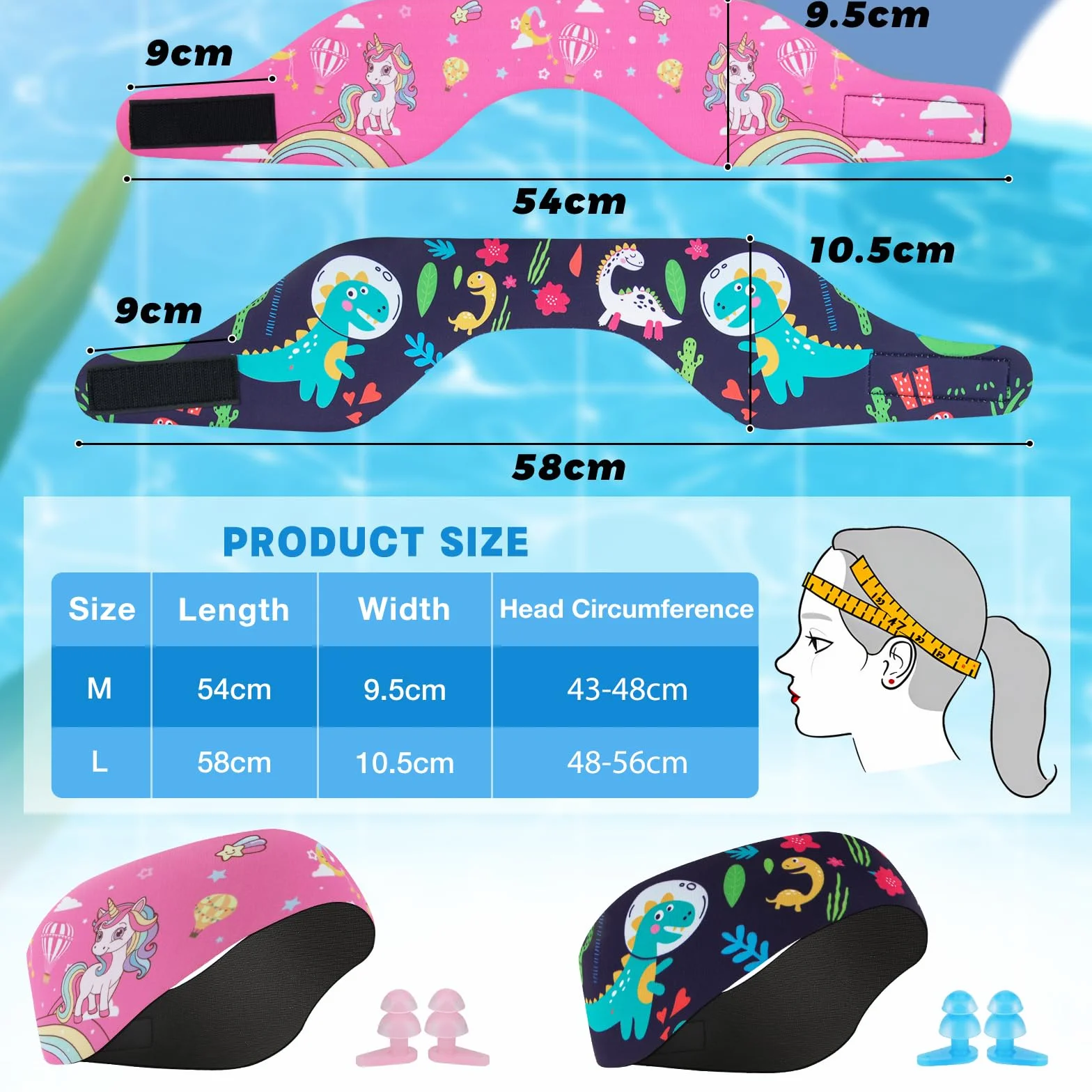 Bandeau de Natation Enfant Élastique avec Bouchons d'Oreille Protection Rose Bonbon L