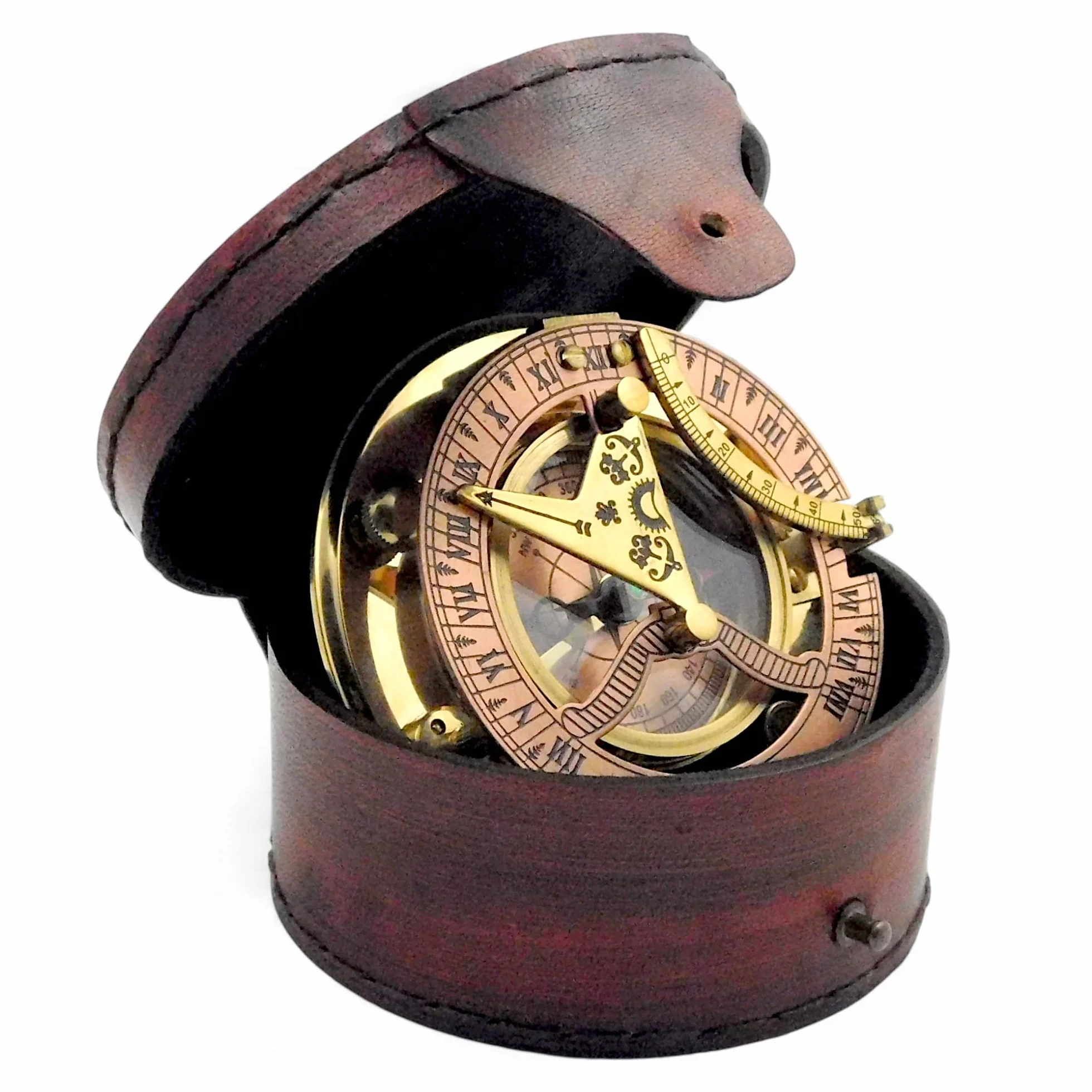 Boussole Sundial en laiton antique avec étui en cuir