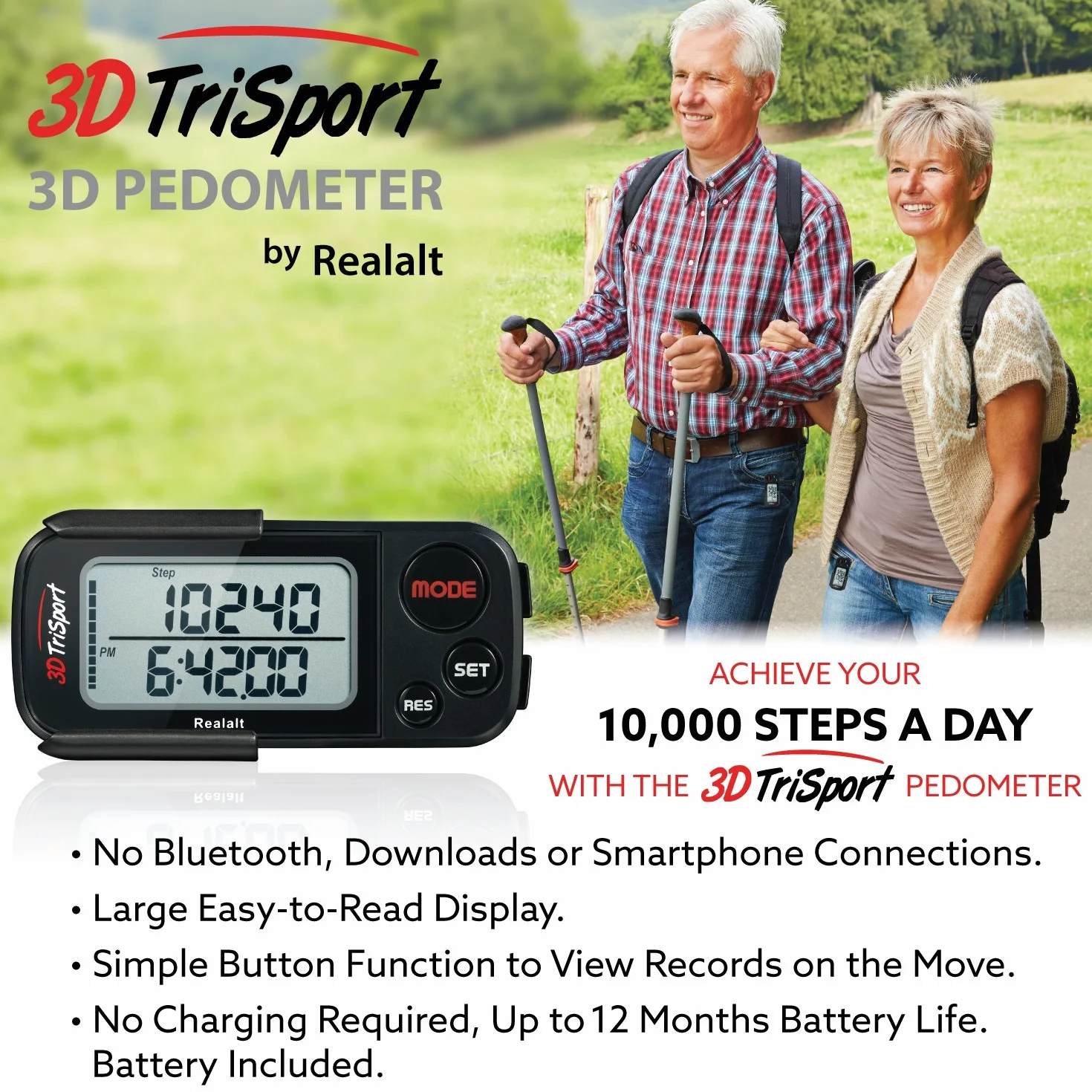 Realalt 3DTriSport Podomètre avec Clip, Mémoire 30 Jours, Compteur de Pas Précis, Distance Miles/km, Calories, Suivi Temps Exercice