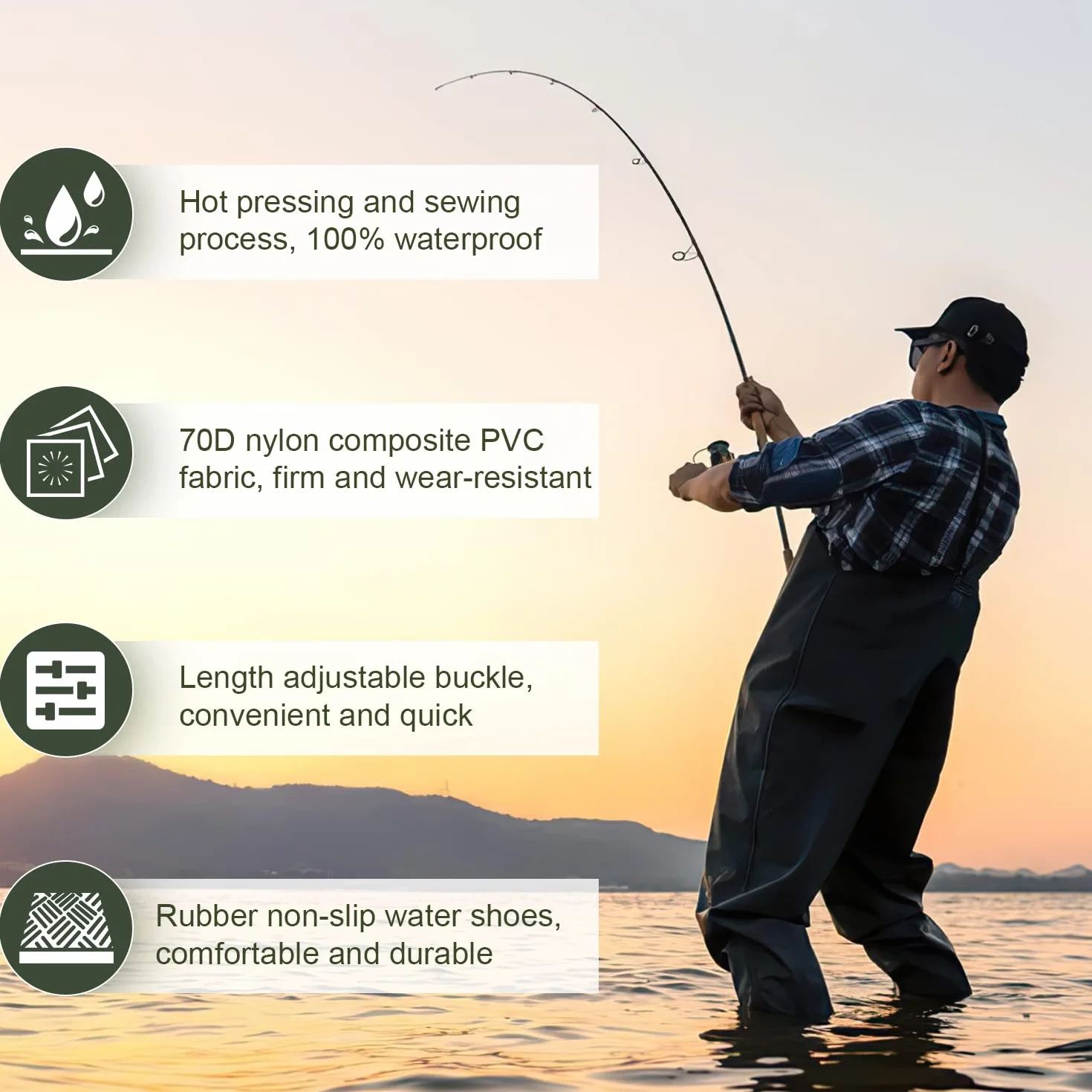 Waders étanches 70D Nylon Composite PVC Pantalon de pêche avec Bottes Caoutchouc antidérapantes