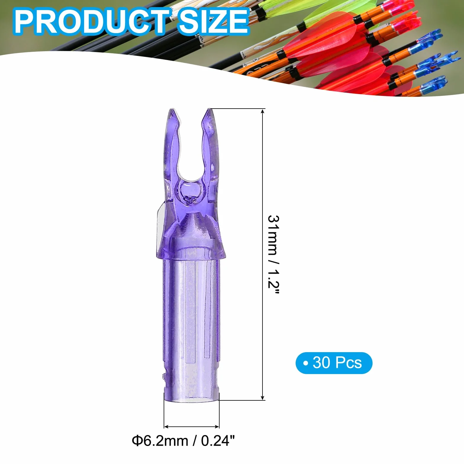 QUARKZMAN Encoches De Flèches en Plastique .244" / 6.2mm pour Arc À Poulies Recurve DIY Chasse Tir Violet Transparent Lot de 30