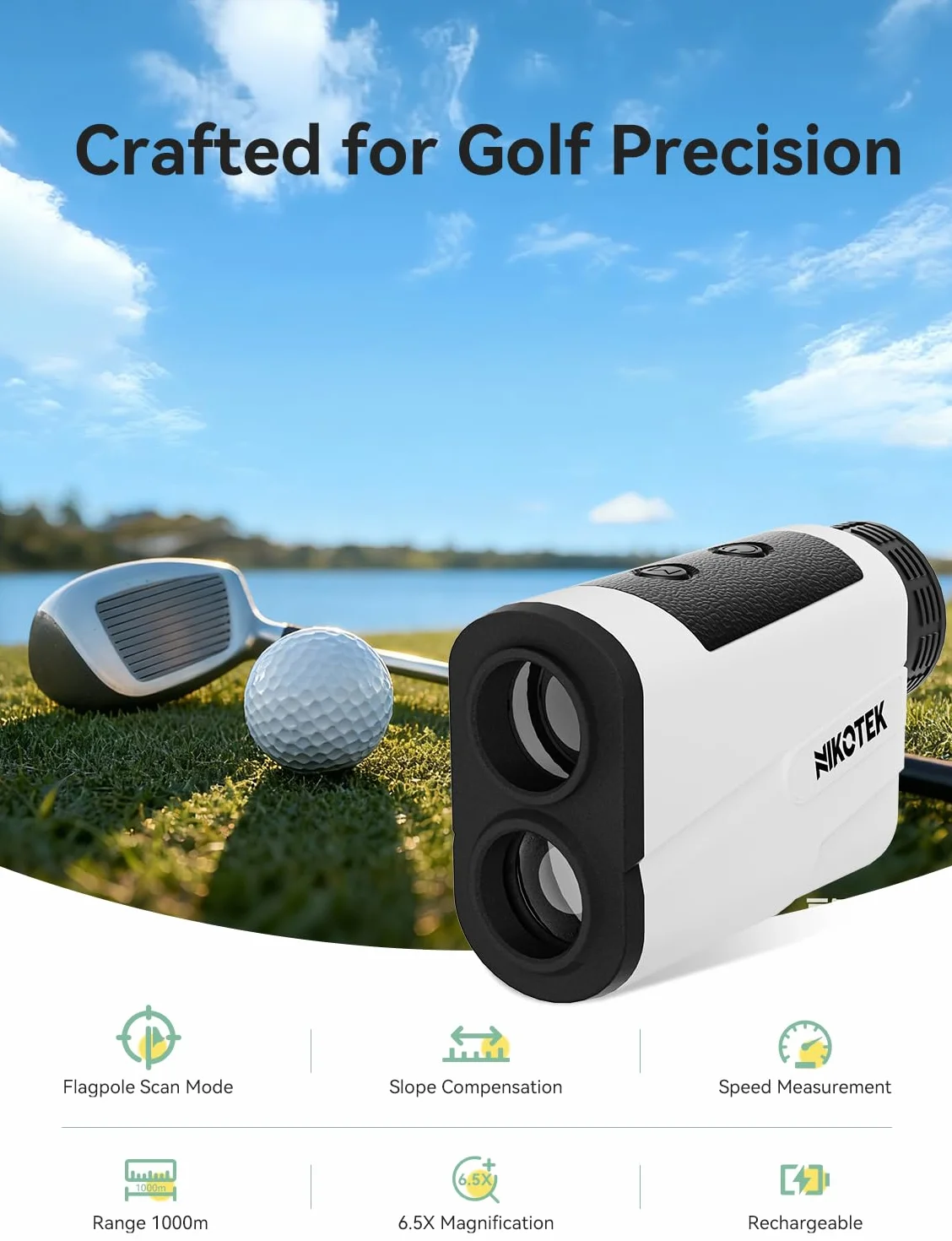 Télémètre de golf NIKOTEK 1000 m rechargeable avec inclinaison et verrouillage de drapeau