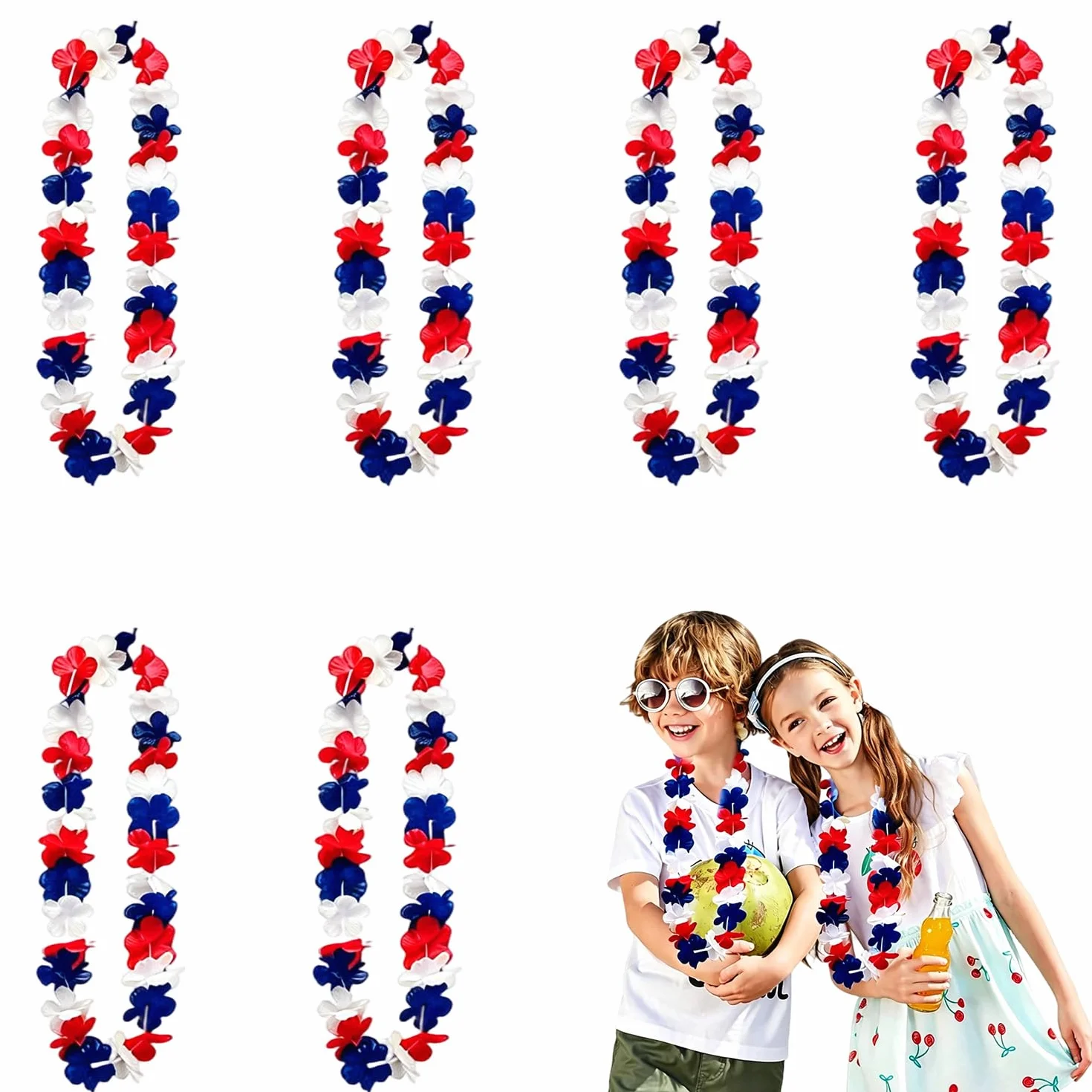 Colliers Hawaïens Bleu Blanc Rouge 96cm Lot de 6 Polyester pour Matchs de Football France