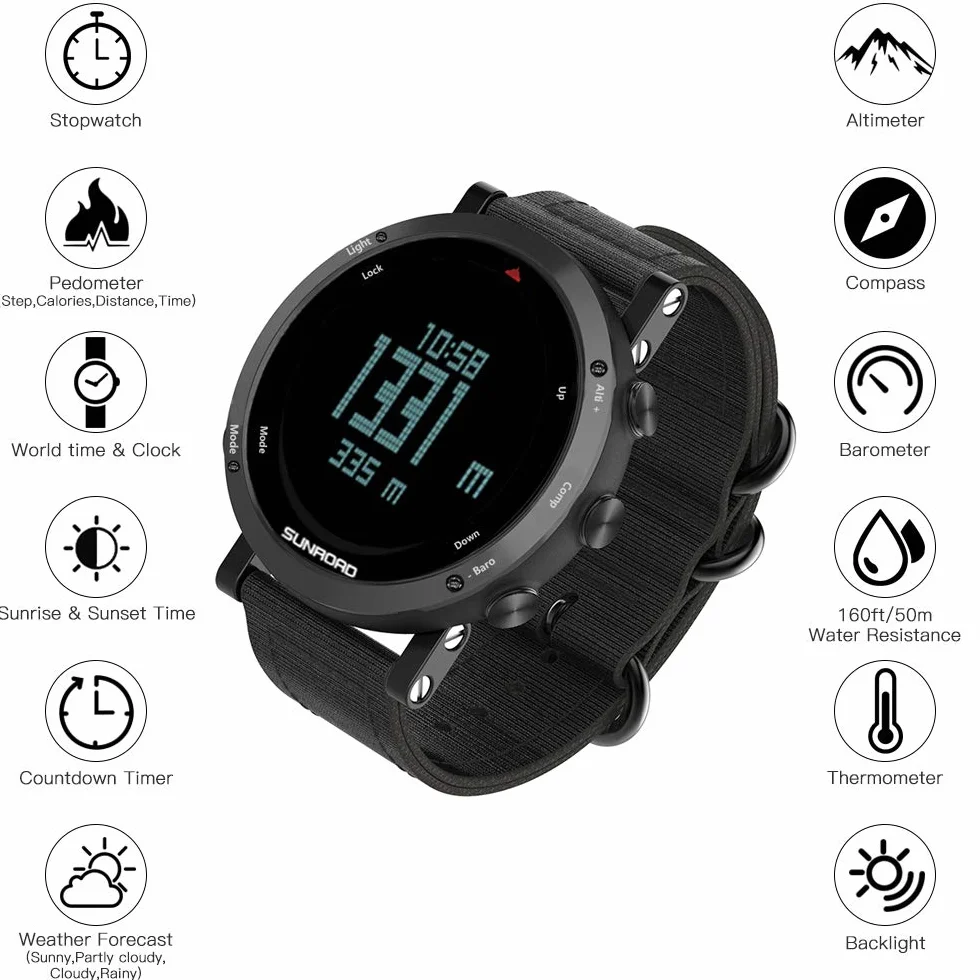 ERYUE Montre Multifonctionnelle Baromètre Altimètre Boussole Thermomètre Prévisions Météorologiques Résistant à l'Eau 50 Mètres Sports Plein Air
