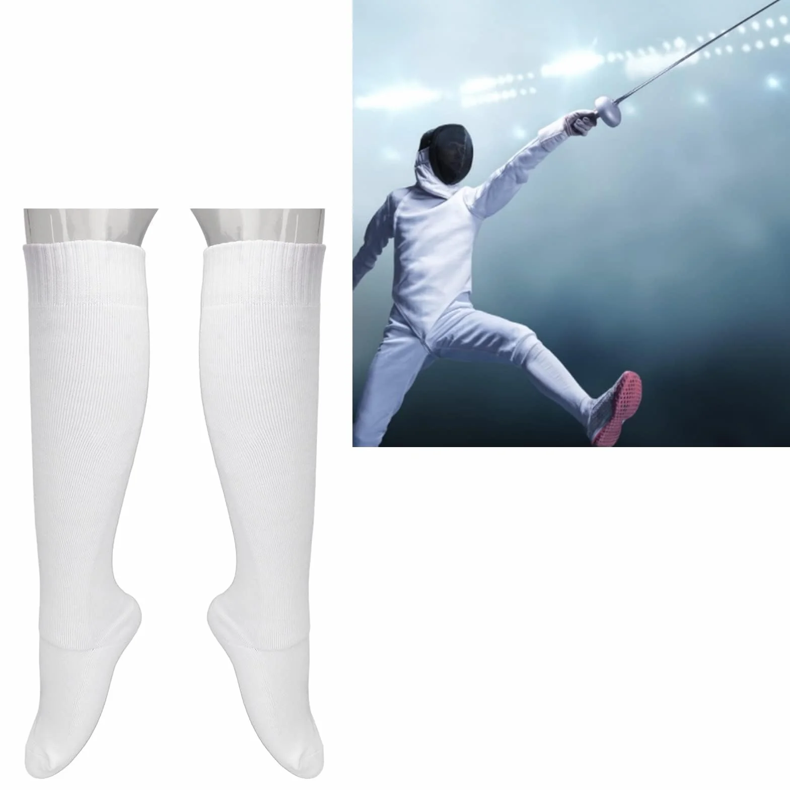Chaussettes d'Escrime Coton épaissi pour Épée, Sabre et Feuille, Protection Genou Hautes Blanc
