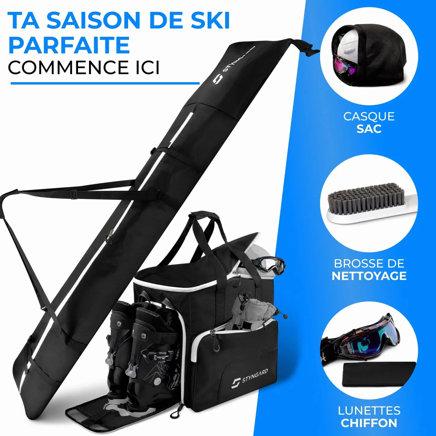 STYNGARD Set Double Sac de Ski pour 2 Paires de Skis 140-200 cm avec Sac à Chaussures de Ski et Compartiment Casque 54 L Modèle Salzburg