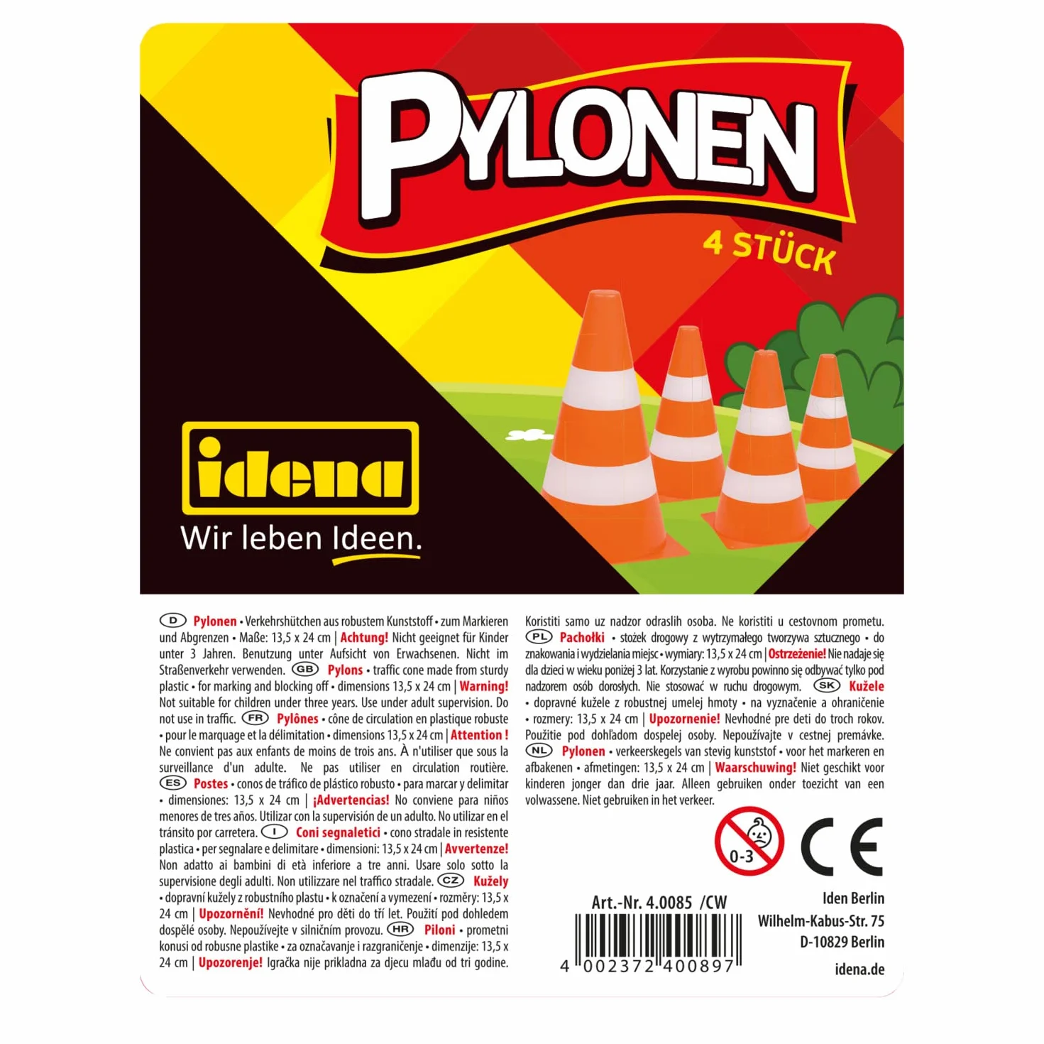 Idena Lot de 4 cônes de signalisation en Plastique Orange 24 x 13,5 cm pour Sport Extérieur