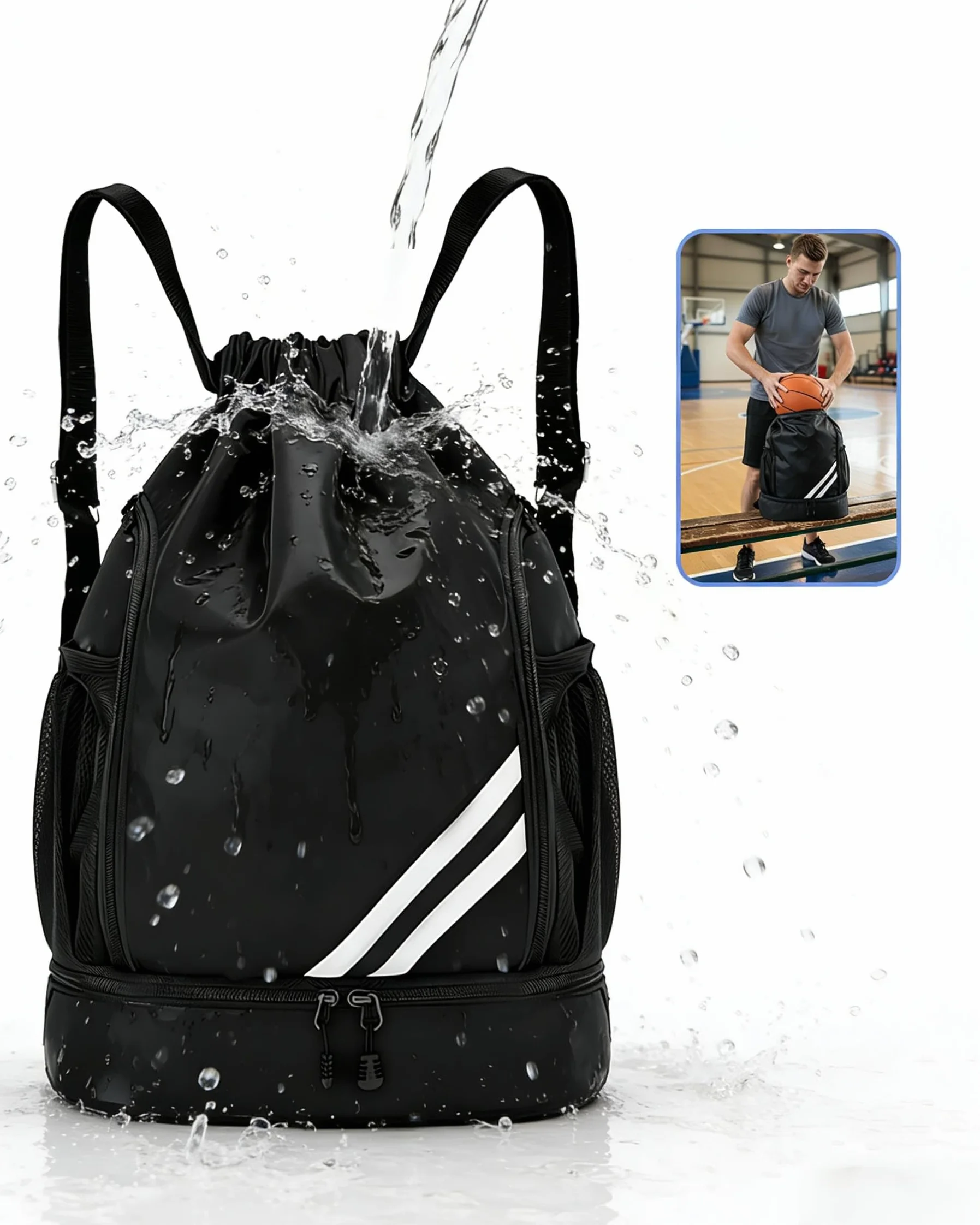 Sac Piscine Étanche Homme Femme, Sac à Dos Sport Compartiment Chaussures Pliable Poches