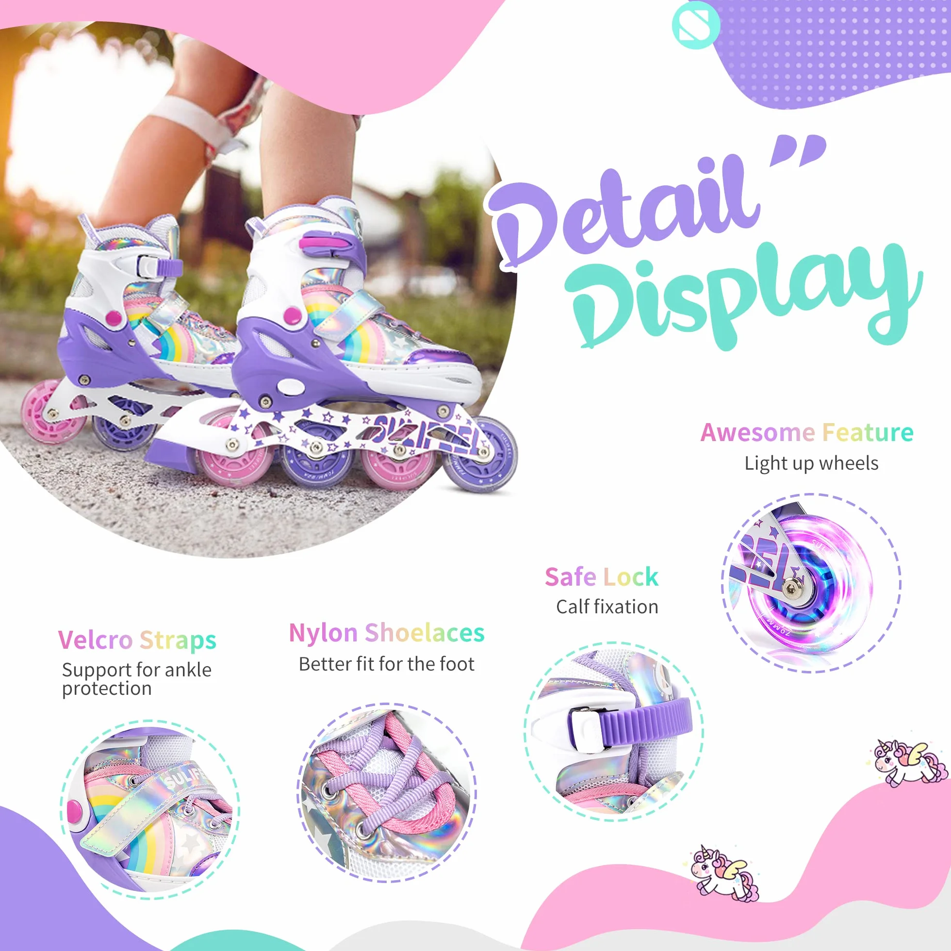 SULIFEEL Roller Skates Patins à roulettes Alignées Débutant Taille Réglable Licorne Arc en Ciel