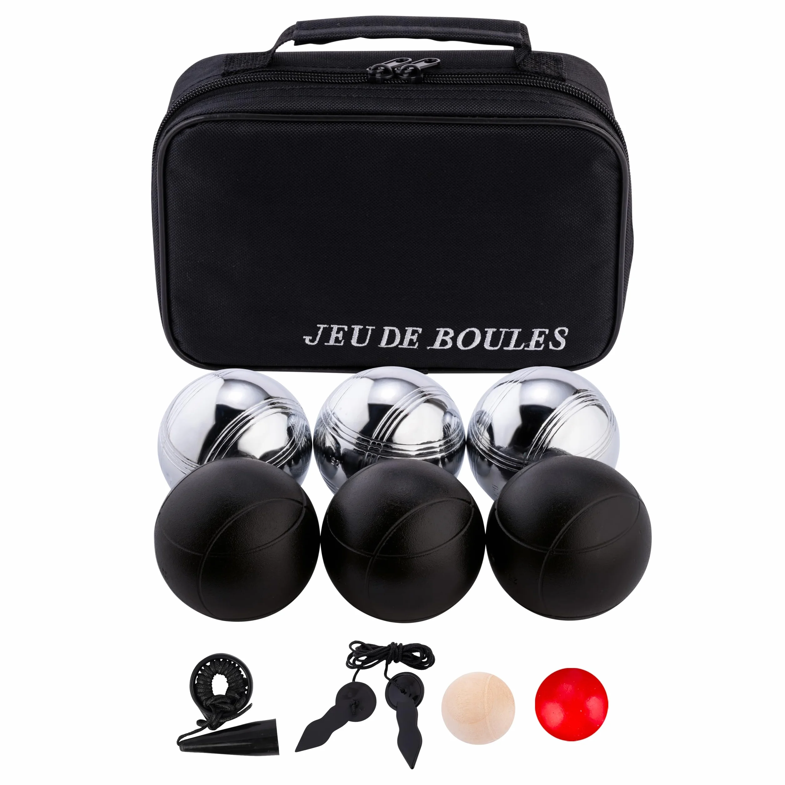 Engelhart Boules de Pétanque 74 mm 720 g 6 Boules Métal Noires et Chromées avec Sac Nylon Cochonnet