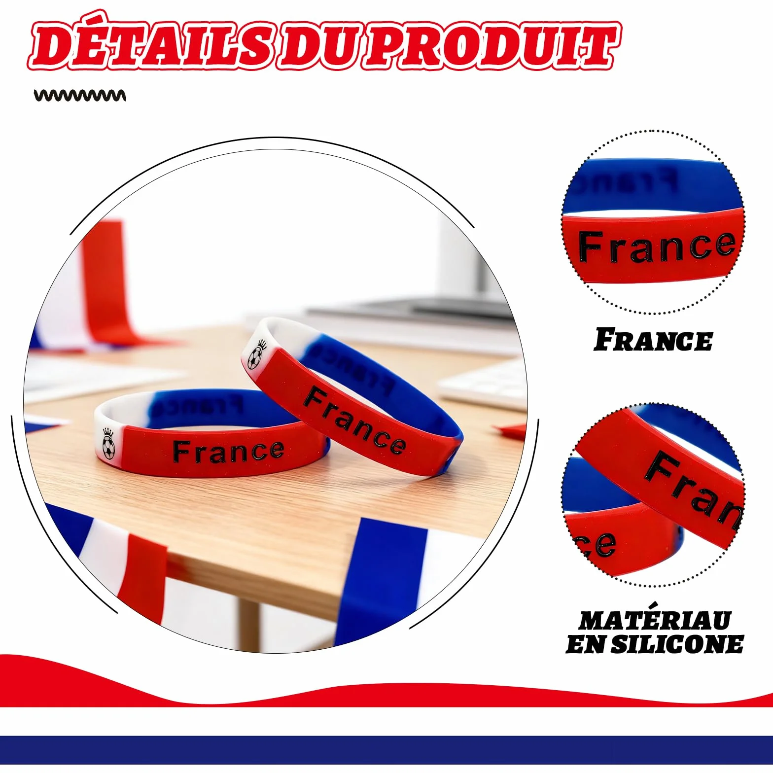 Bracelet France Lot 10 Silicone Élastique Bleu Blanc Rouge Supporter Fan Accessoire Football Rugby
