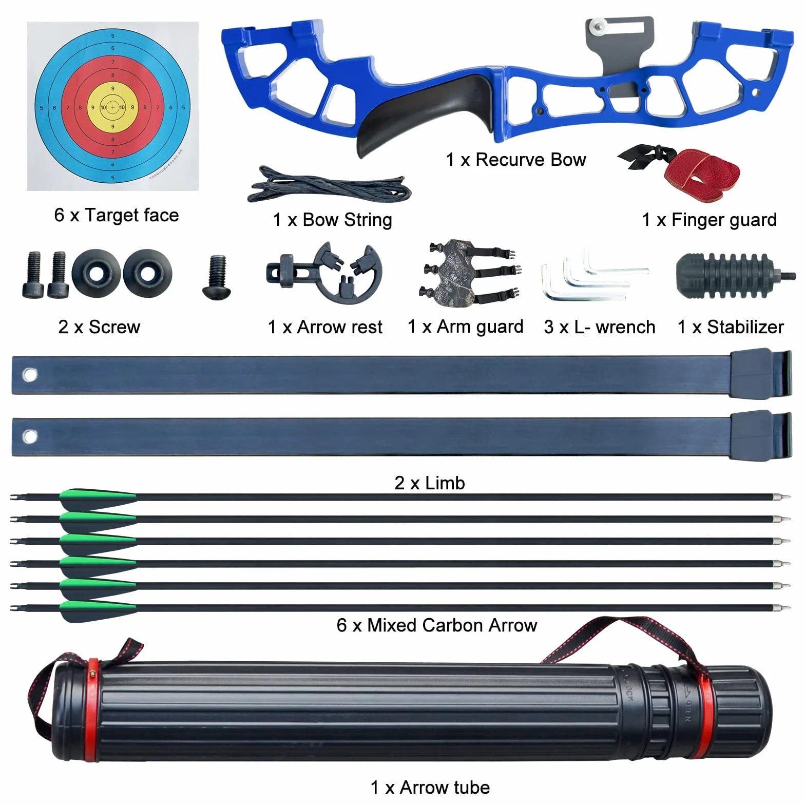 Arc de Chasse Adulte 50 Pouces 30lbs 40lbs Riser en Métal avec 6 Flèches en Carbone Bleu