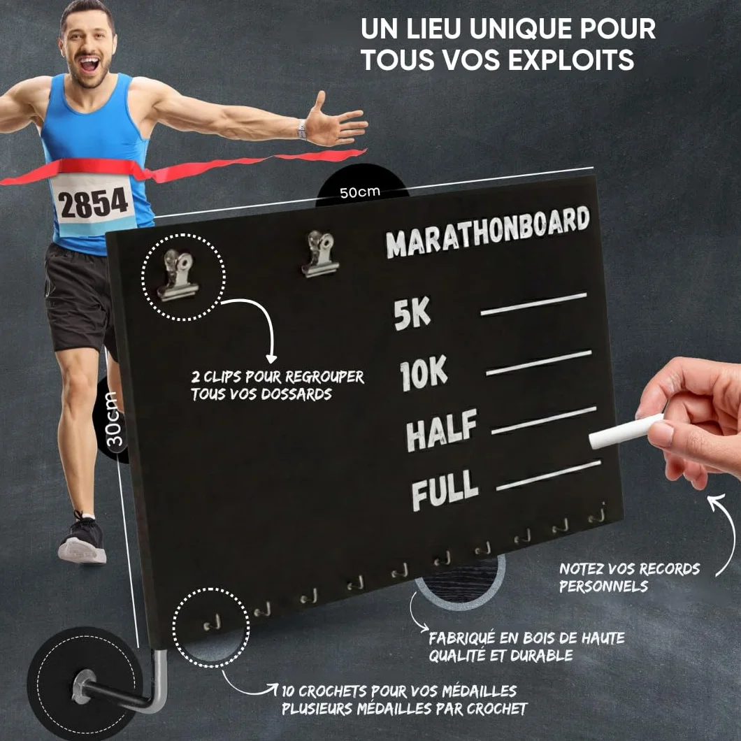 Présentoir pour Médailles de Coureur, Porte-Médailles pour Course à Pied et Marathon – Kit de Montage et Craie Inclus