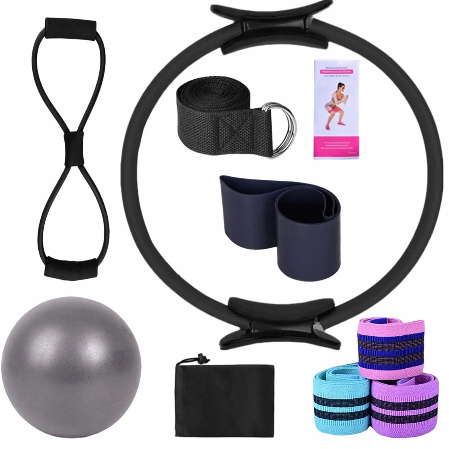 Pilates Anneau Kit avec Ceinture Extensible Accessoires d'Entraînement Multifonctionnel pour Femmes