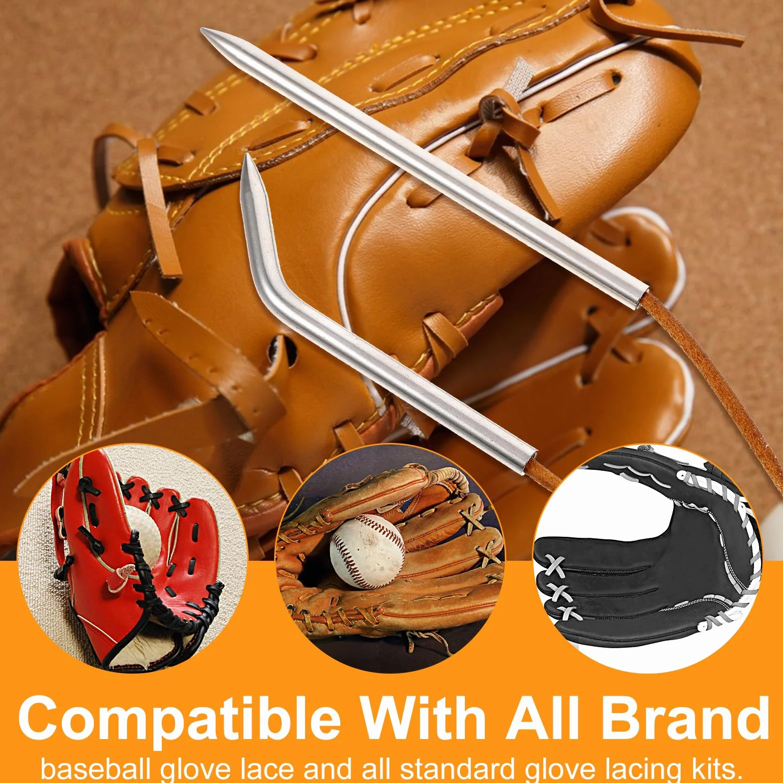 Aiguilles à lacets en cuir acier inoxydable pour réparation gant baseball softball - Lot de 5