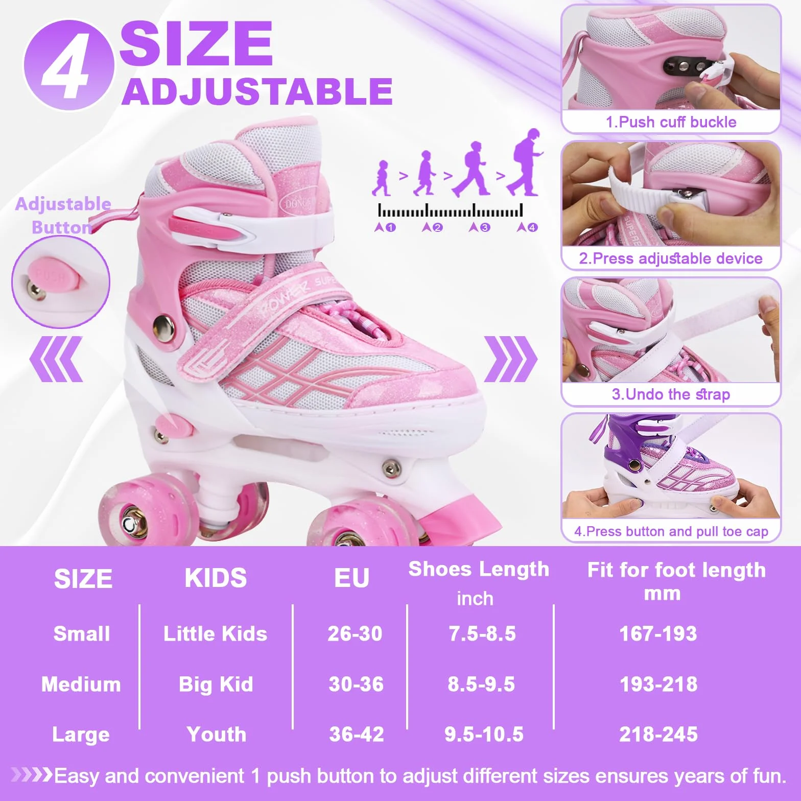 Patins à roulettes réglables pour Enfants Filles débutants 4 Tailles