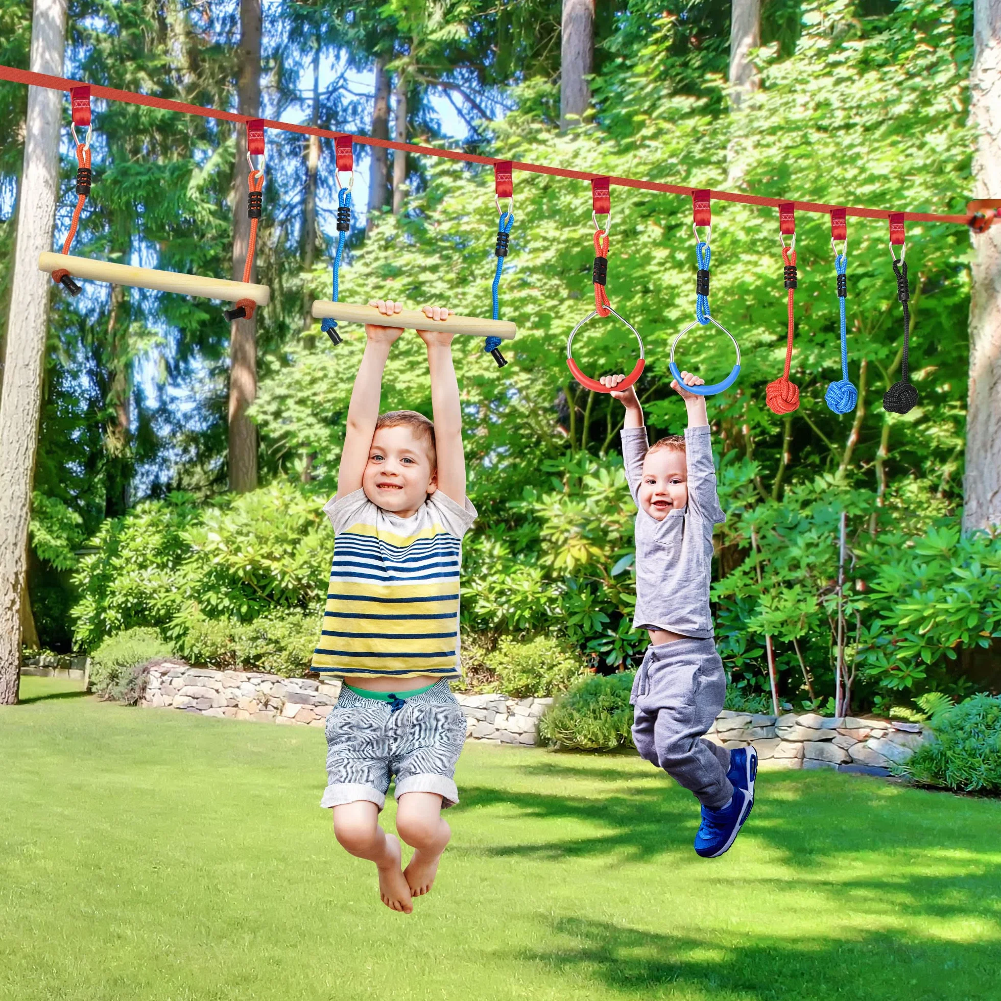 Outsunny Parcours d'obstacles Ninja pour Enfants 30 Accessoires 10 m Slackline Sac de Transport Bleu Noir Rouge