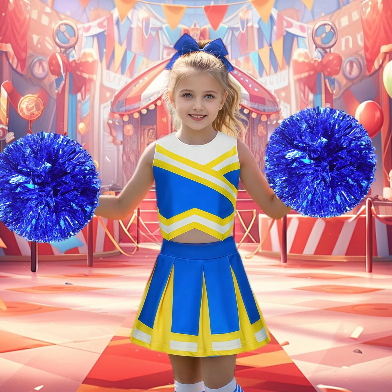 Luckyou Deguisement Cheerleader Uniforme avec Perruques Brillant Pompoms et Nœud pour Carnaval Halloween