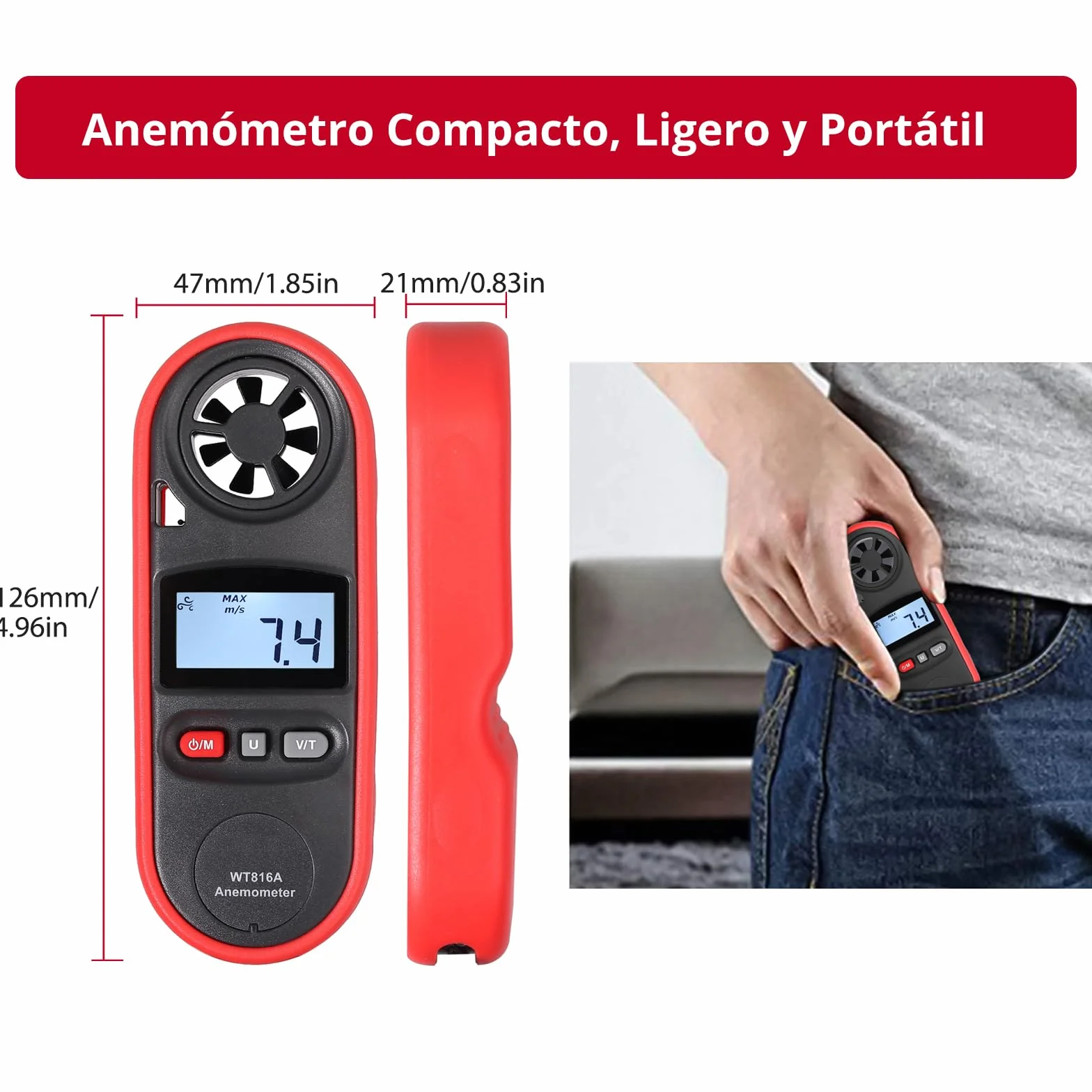 JUSTOOL Anémomètre Numérique Portable 3 Vitesses 6 Unités Écran LCD Étanche pour Sports Plein Air Météo Voile Pêche