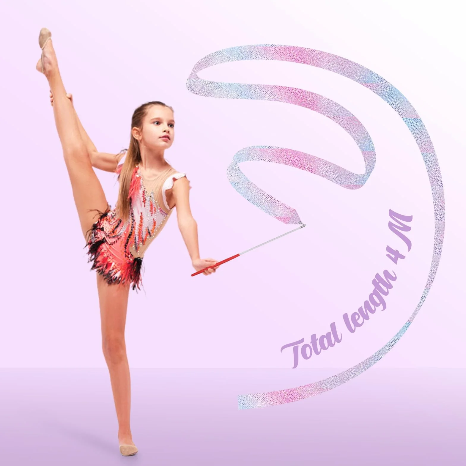 Ruban de Gymnastique 4m Scintillant avec Bâton Rotatif pour Danse Rythmique
