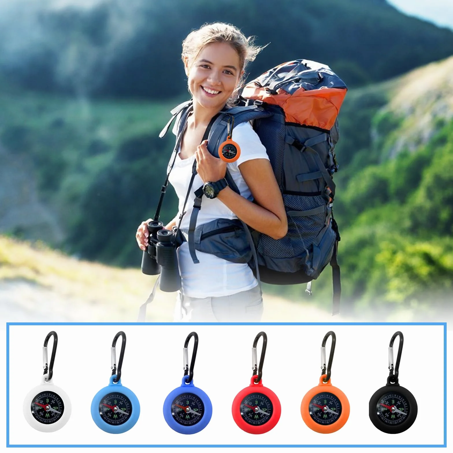 Boussole 2 en 1 avec Mousqueton 6 Pièces, Mini Boussole de Camping Multicolore pour Randonnée Enfants, Porte-Clés Étanche