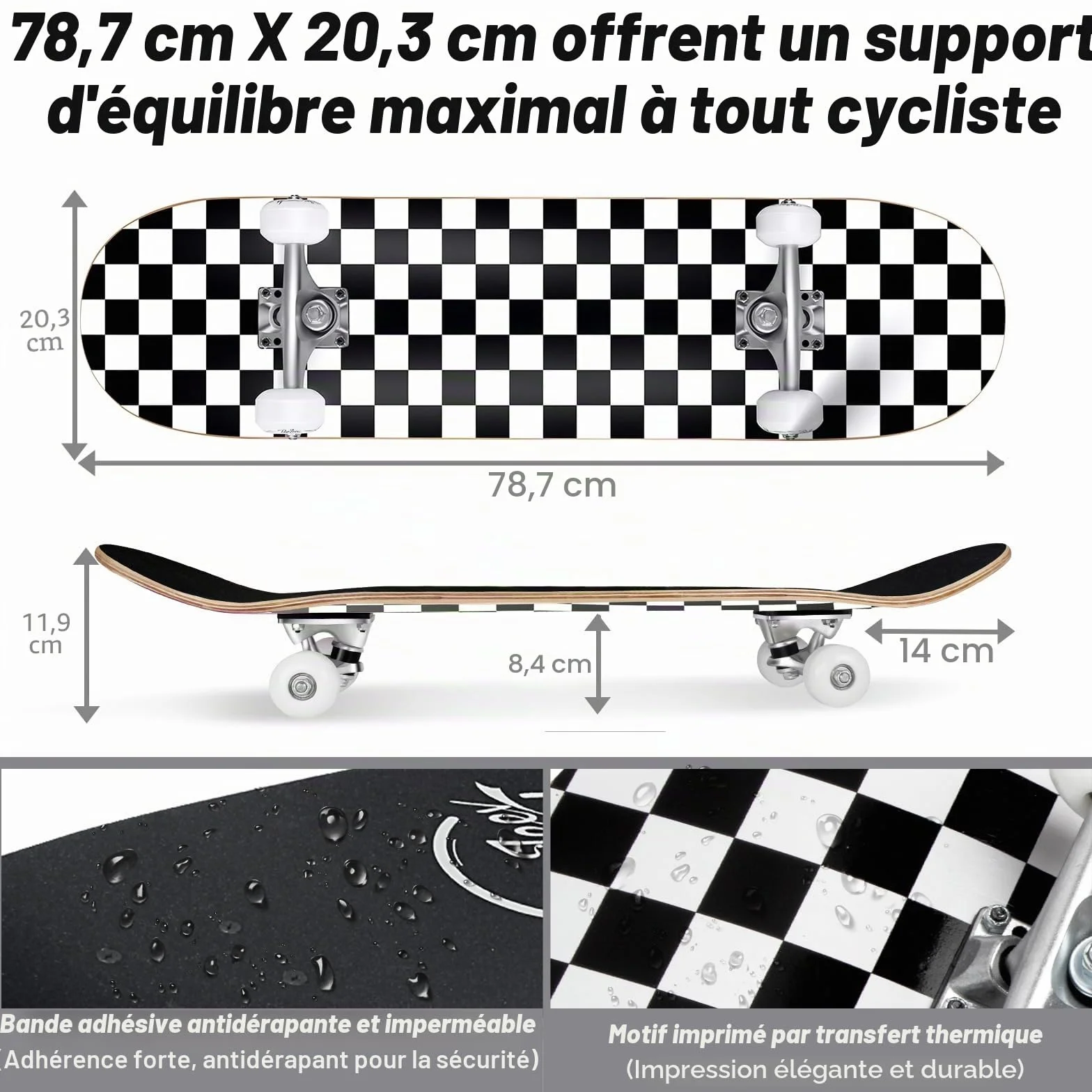 BELEEV Skateboard 31x8 Complet Cruiser Débutants Enfants Adulte Érable Canadien 7 Couches Double Plateau Concave Outil en T