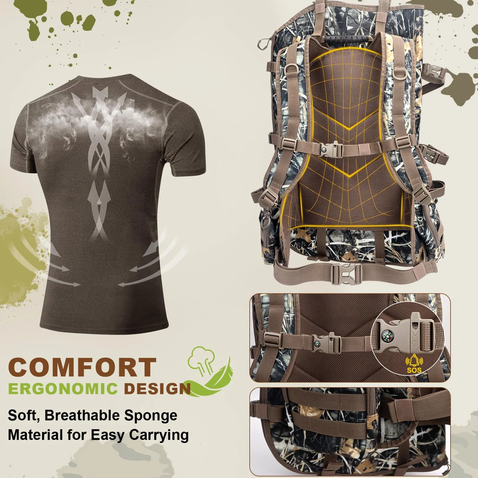 Sac à dos de chasse homme avec porte-arc, sac de chasse en selle et sac de sport
